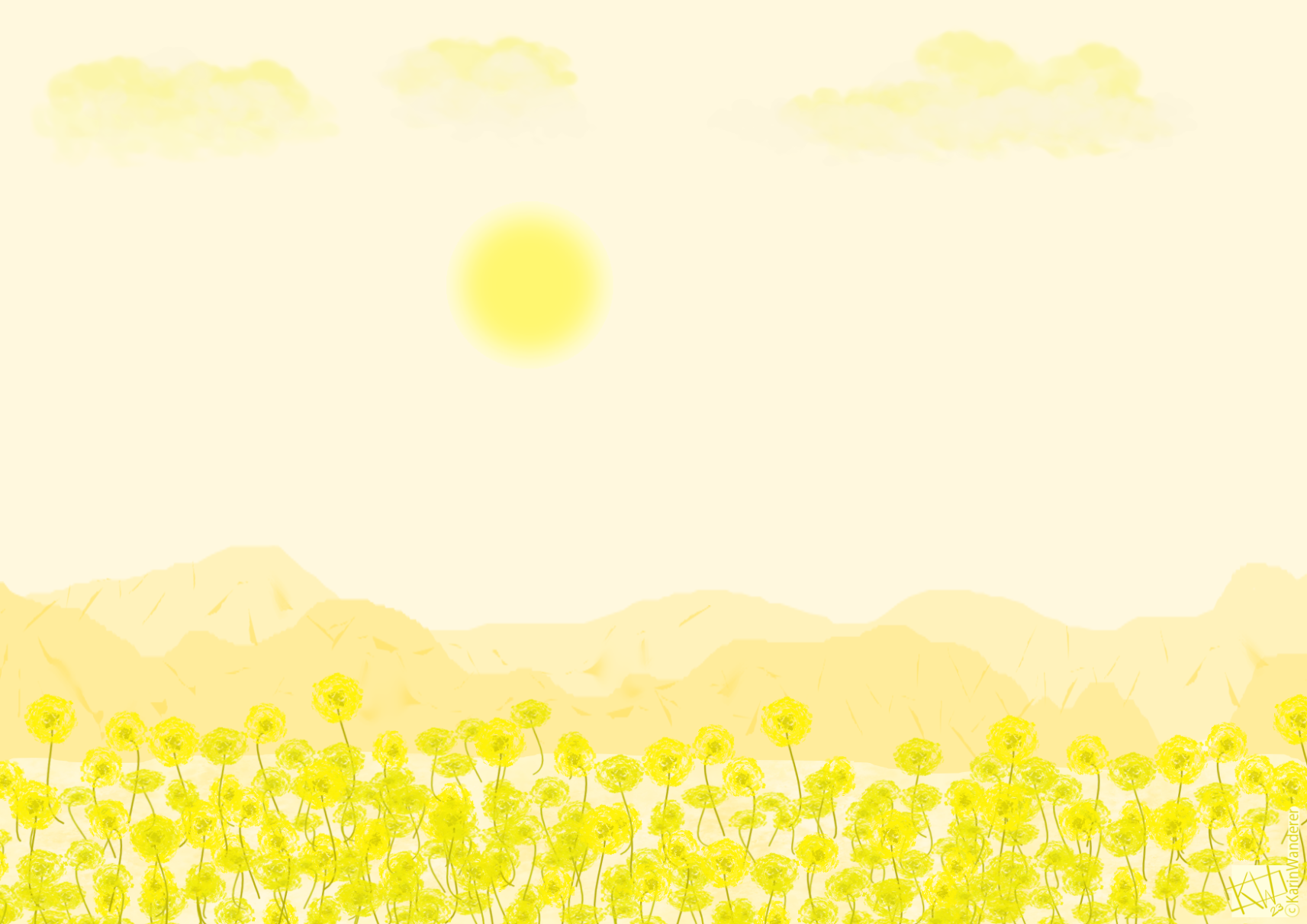 Digital monochrome yellow drawing of a superbloom of yellow flowers in the desert. The sun beats down, the fw clouds in the sky do nothing to block it.  The mountain chains in the distance seem hazy.