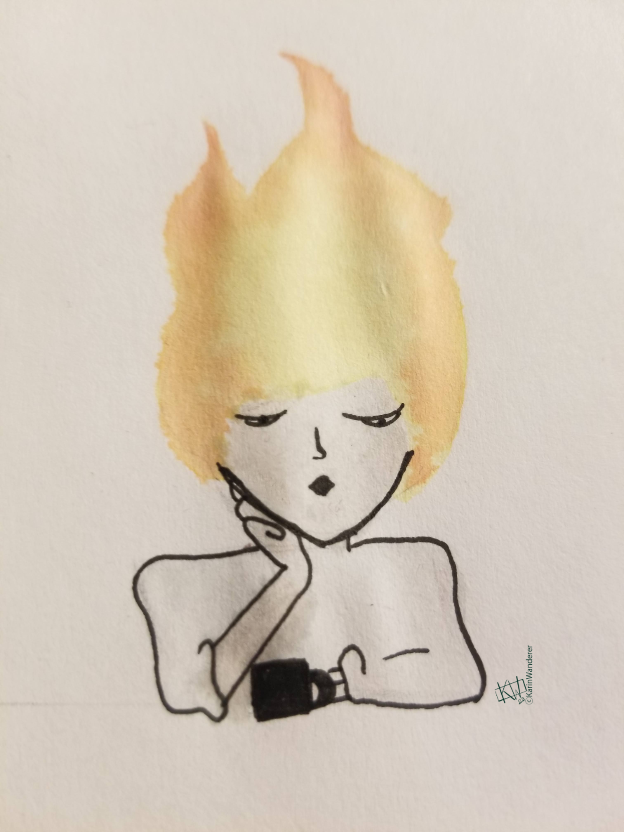 Watercolor of a woman. Her clothes and skin are washed-out. She sits resting her chin on one hand while staring listlessly at a coffee cup. Her head is on fire, but even the flames are washed-out.