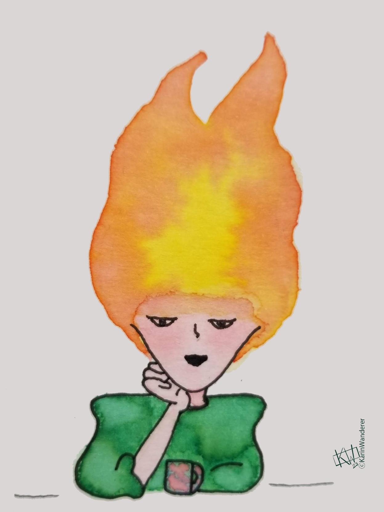 Watercolor of a woman. Her clothes are bright green & her skin is peachy-pink. She sits resting her chin on one hand while looking out at the viewer. Her head is on fire, the flames are vibrant orange & yellow.