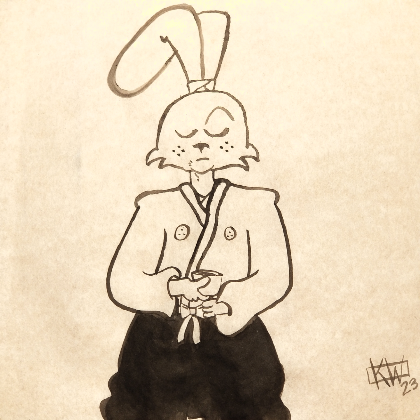 Sumi ink painting of Miyamoto Usagi sitting & drinking tea.