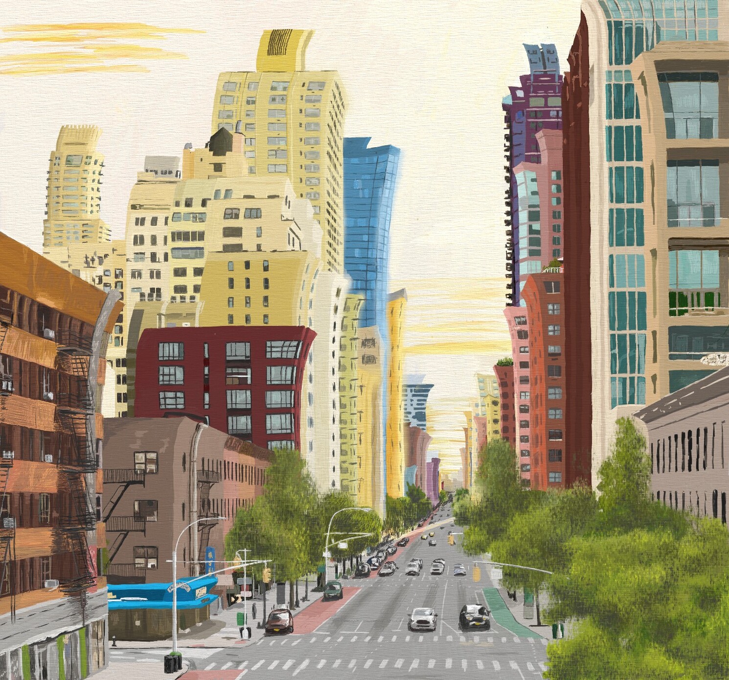 A view from a high vantage point along a long (North American?) city street which stretched out into the distance.  The traffic all appears to be heading towards the viewer.  Tall skyscraper type building line both sides, as dona large number of trees.

The buildings are all coloured more vividly than may be expected, and towards the top most of them curve towards the long street.  This gives a slightly unrealistic, dreamlike effect.

This took far far longer than I intended.  Good job I enjoy doing the fine detail when necessary.