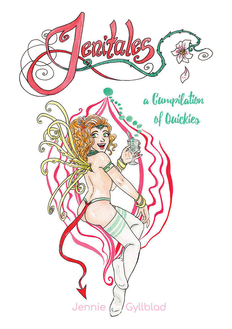 The cover for Jenitales: A Cumpilation of Quickies. The green fairy is sitting in what might be an abstract version of a vagina. She looks pretty pleased about it