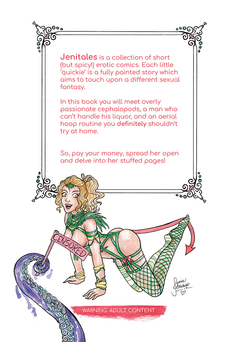 Back cover of Jenitales: A Cumpilation of quickies. Complete with the green fairy in lingerie and a tentacle