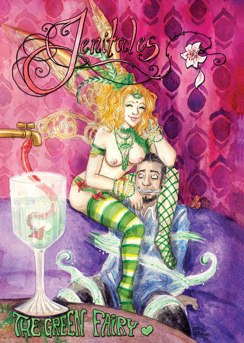 Cover for the short story "The Green Fairy". A man is literally being topped by a fairy lady