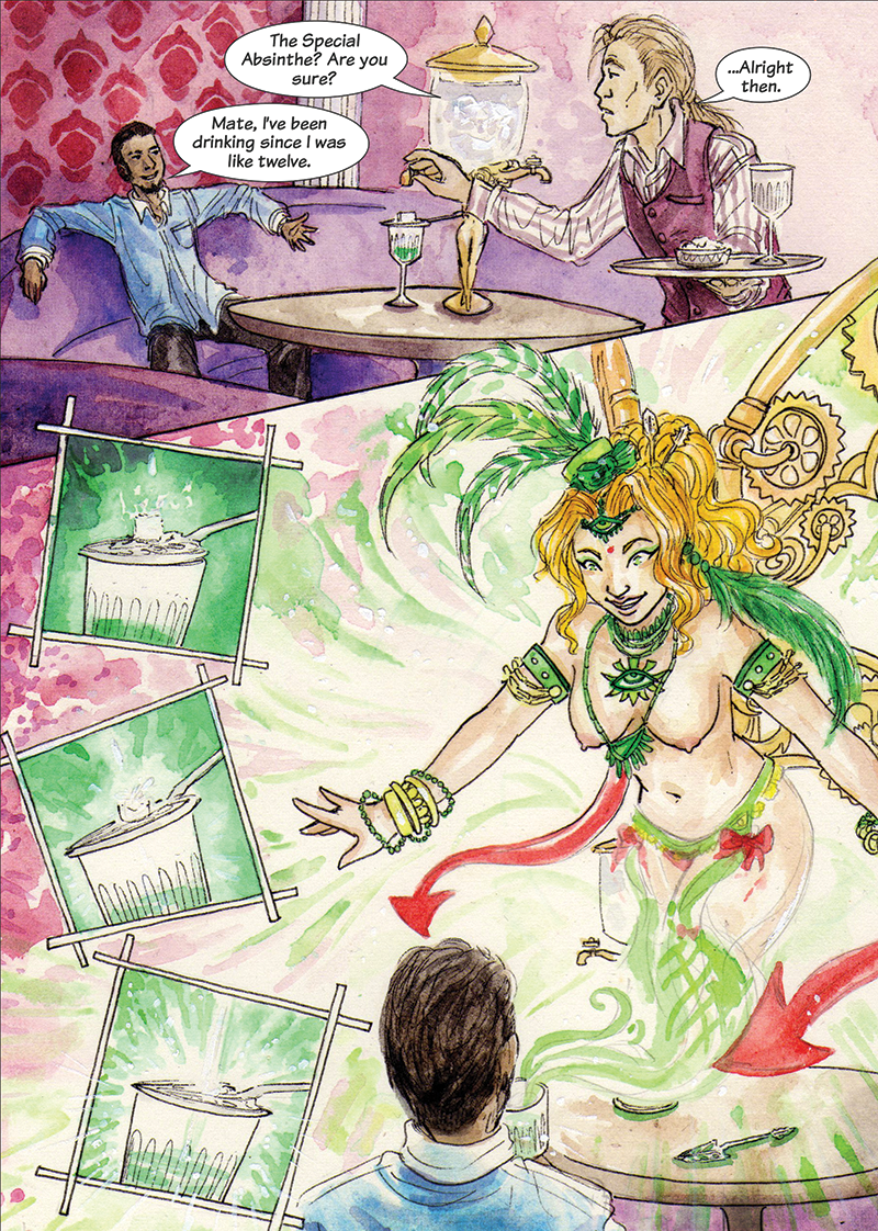 A comic page. The green fairy arrives
