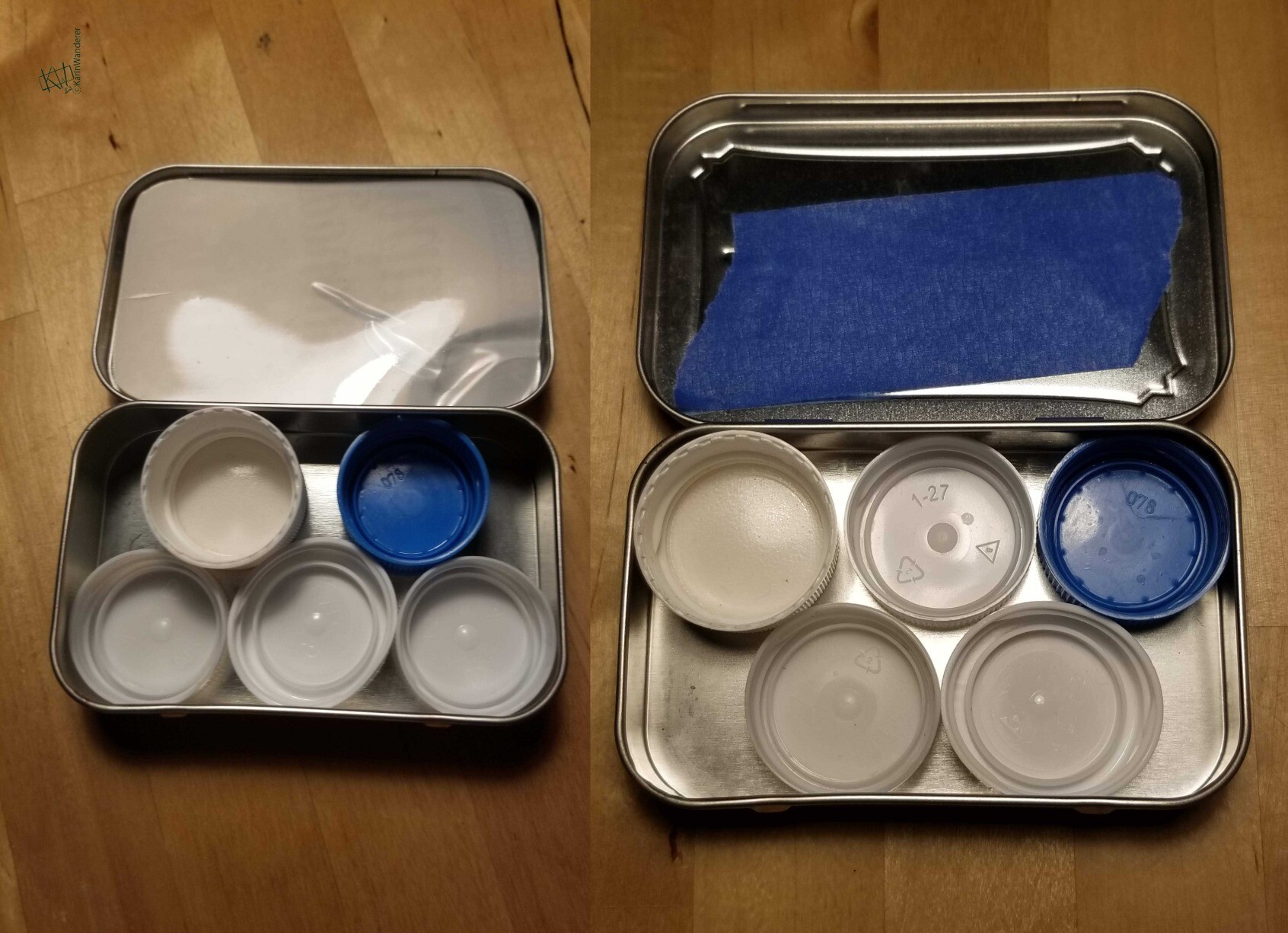 5 Bottle caps are inside a small lidded tin.  There 2 two pictures showing different possible layouts of bottle caps. An oblong piece of thin plastic is glued inside the lid of one tin.