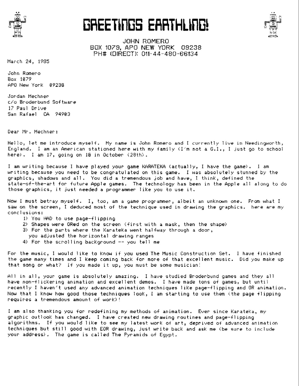 first page of John Romero's March 1985 letter to Jordan Mechner