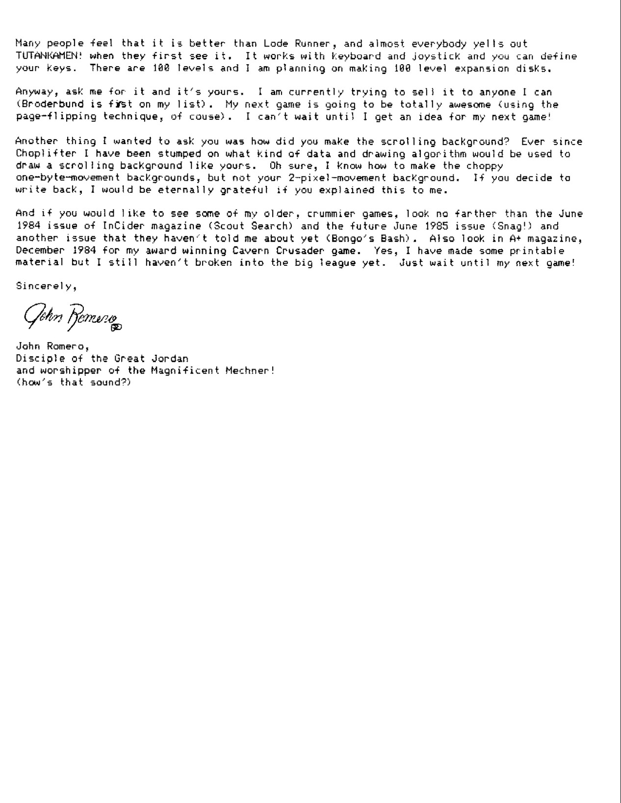 2nd page of John Romero's March 1985 letter to Jordan Mechner