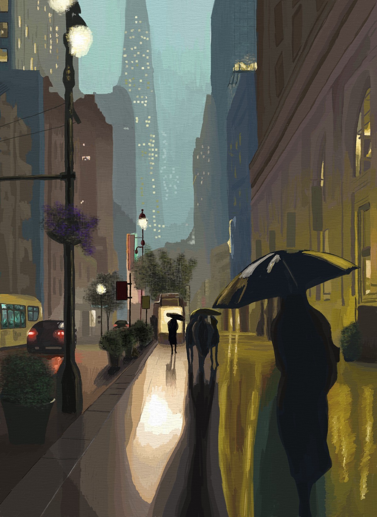 A night scene view down an urban street.  There is obvious heavy rain as the light reflects heavily off the paving.  There are a number of figures in partial silhouette (due to the brightness of the backlighting).., the majority of which are cowering under umbrellas.  The passing traffic is mostly visible due to the taillights.  The skyscrapers in the distance loom ominously through a strange blue-tinged murk.