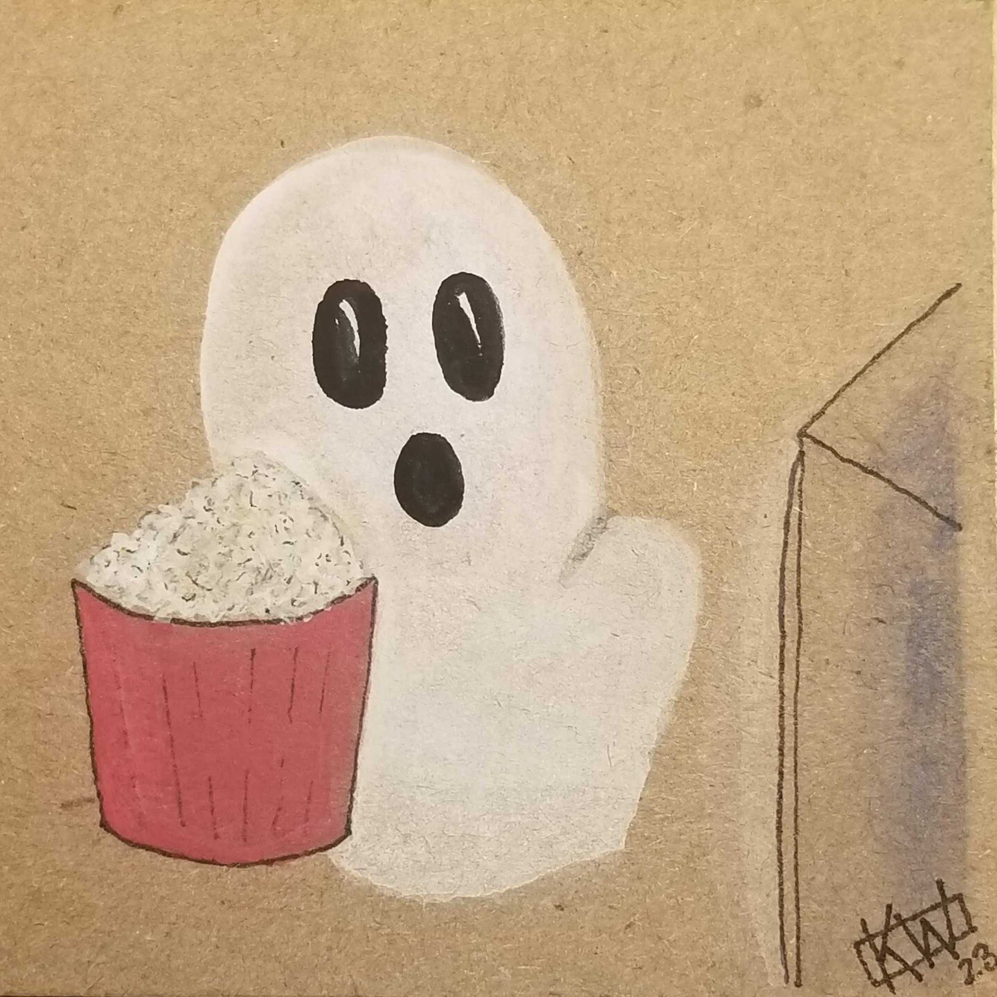 Watercolor & ink on brown cardboard. A ghost sits, transfixed, in front of a TV. A tub of popcorn sits next to the ghost.