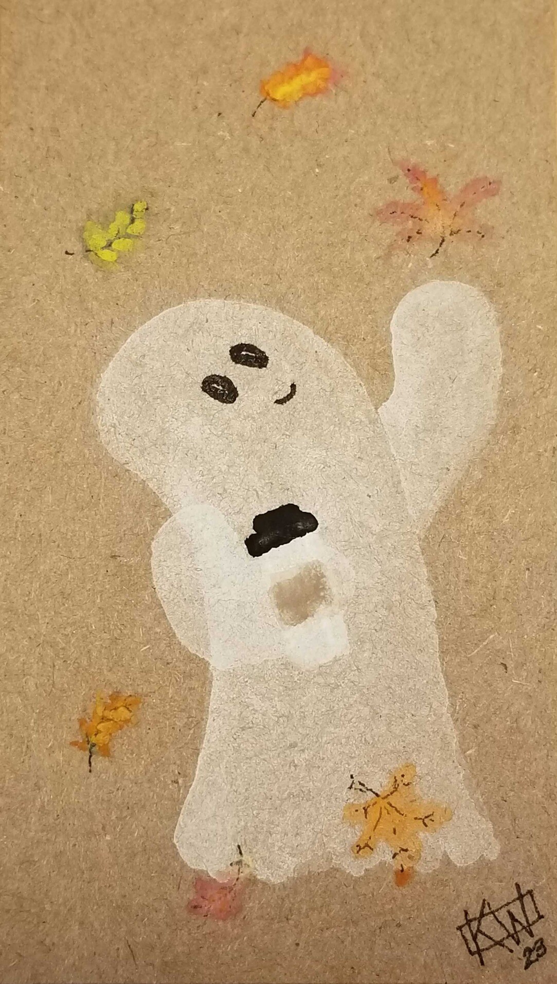 Paint & ink on cardboard. A happy ghost is holding a coffee & reaching out toward a falling leaf. Other leaves swirl around, in the air & on the ground.