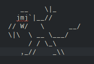 Grey background of a text editor, white characters and empty spaces form a silly looking monster with its jaws open, flailing its arms and tail. Auto-correct puts a red squiggly line under the jmj, which could look like blood?