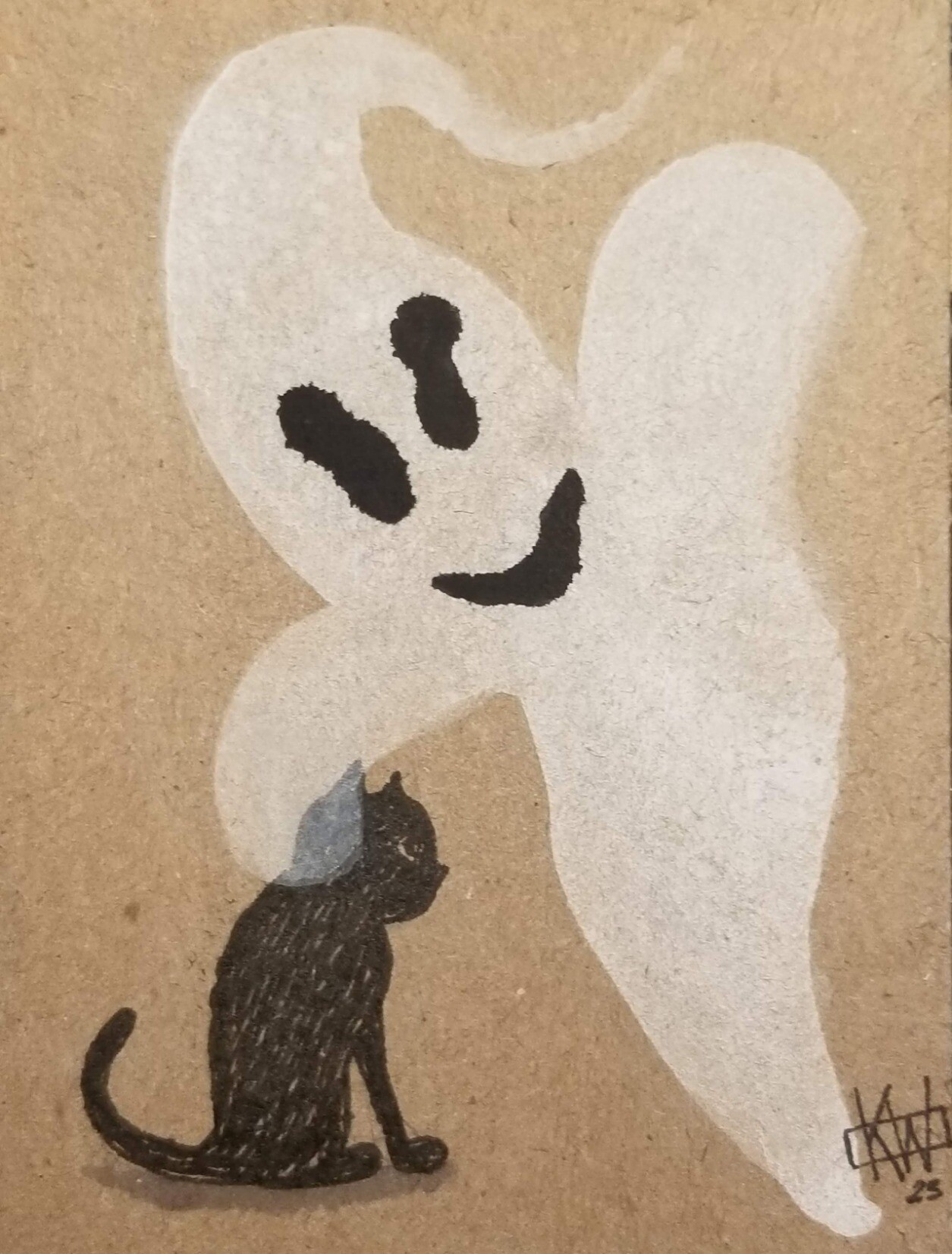 Watercolor & ink on brown cardboard. A black cat sits happily on the ground as a ghost pets it. The ghost's typically compact form is being stretched & distorted, but she still looks happy to be petting the cat.