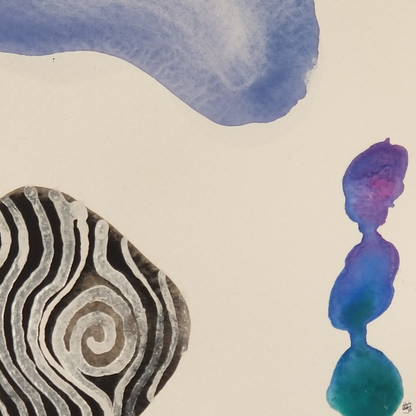 Abstract watercolor, square like an album cover, white background. From the top left, stretching most of the way across the top, is a large blue bean shape that is partly out of frame. Bottom left corner is filled with a black rounded triangle with irregular white stripes, also partly out of frame. On the right hand side is a blue-purple-green shape that looks like a vaguely humanoid silhouette with no arms & a circle of colors here you expect the legs to be.