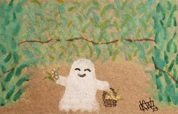 Watercolor on brown cardboard. A happy ghost holds up a basket of glass gem corn in one hand & ear of glass gem corn in the other. Behind her, the corn has been grown to make a maze.