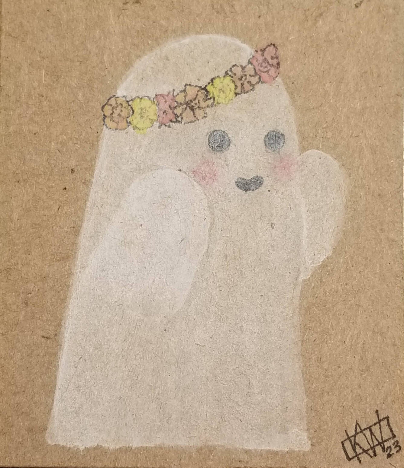 Watercolor & ink on brown cardboard. A smiling, blushing ghost is wearing a flower crown. Don't ask how a ghost blushes, she just really loves her flower crown!