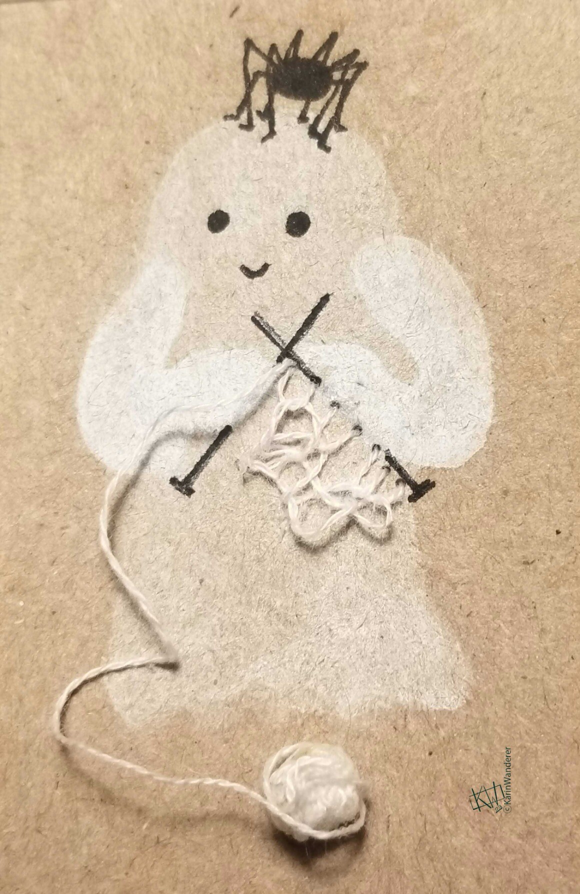 Watercolor & ink on cardboard. A smiling ghost knits a web for the spider sitting on her head, waiting patiently. The knitting is embroidery thread stitched through the cardboard and the thread ball sits on the floor below the ghost.