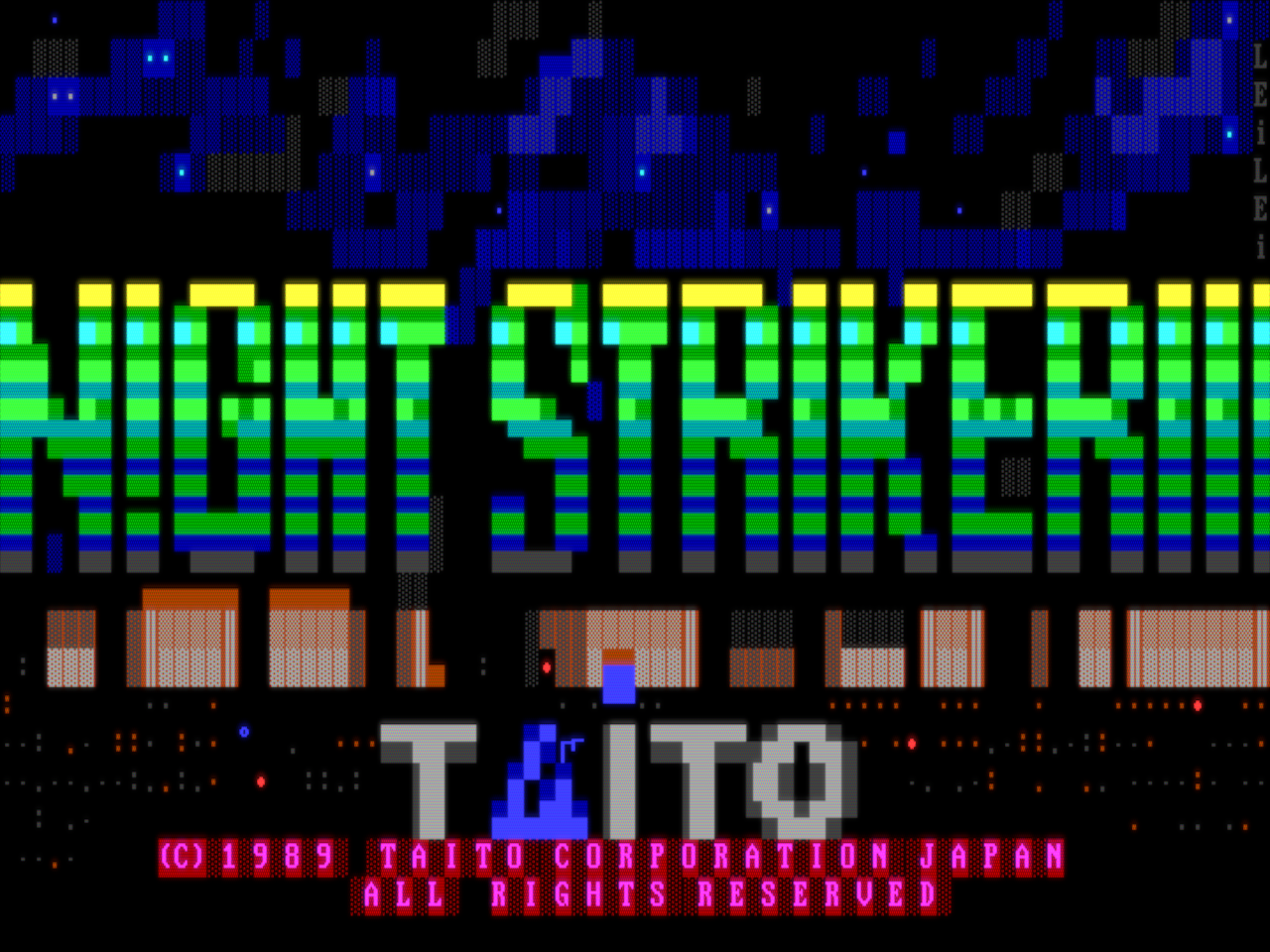 A video game's title screen produced in ANSI art. It reads "NIGHT STRIKER", "(C) 1989 TAITO CORPORATION JAPAN ALL RIGHTS RESERVED". There is a starry blue night sky and a city in the background.