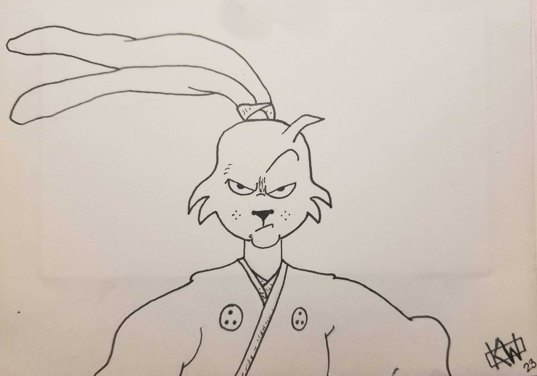 Micron pen drawing of Miyamoto Usagi looking determined.