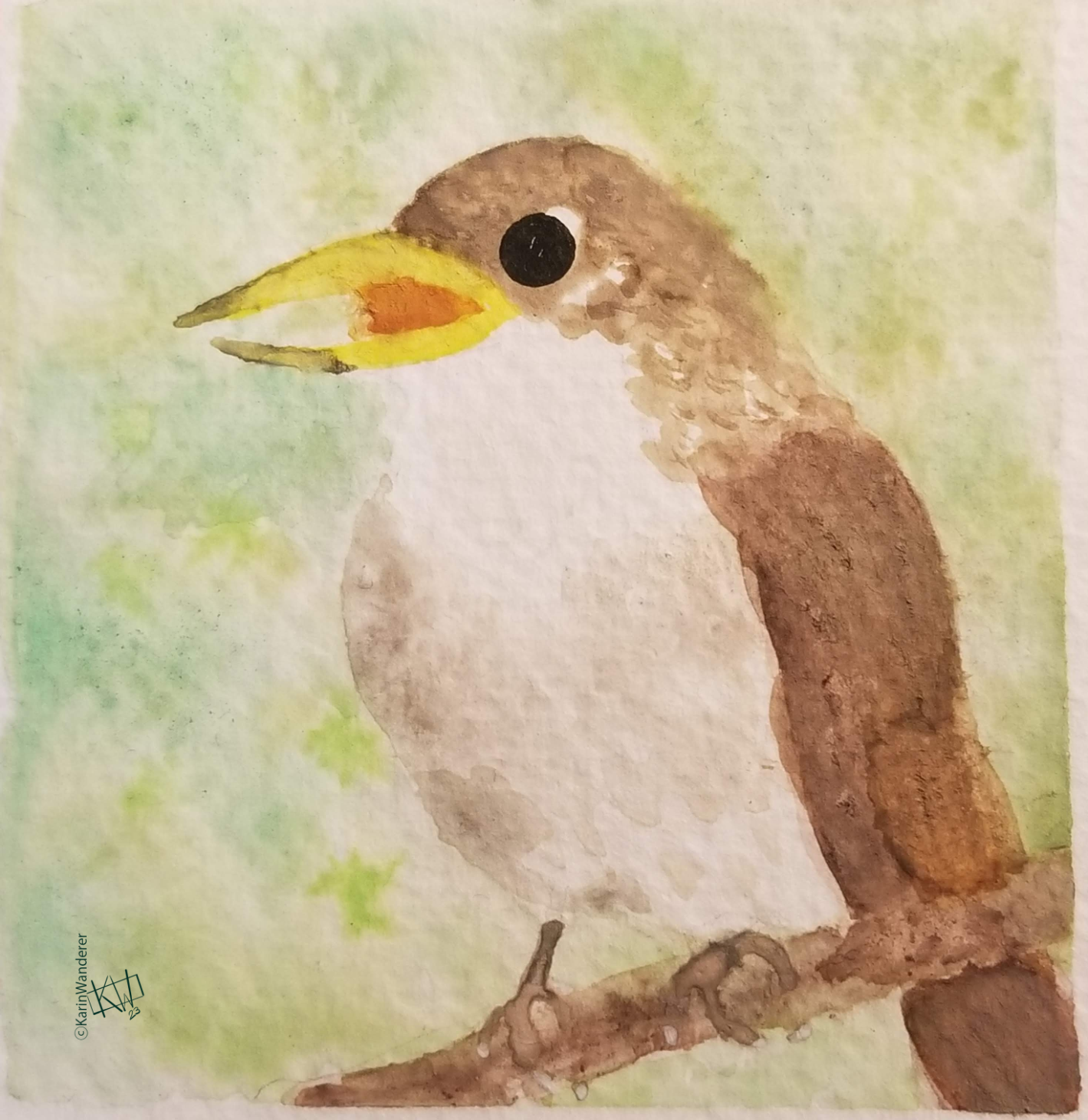 Watercolor of a nightingale singing while sitting on a branch.