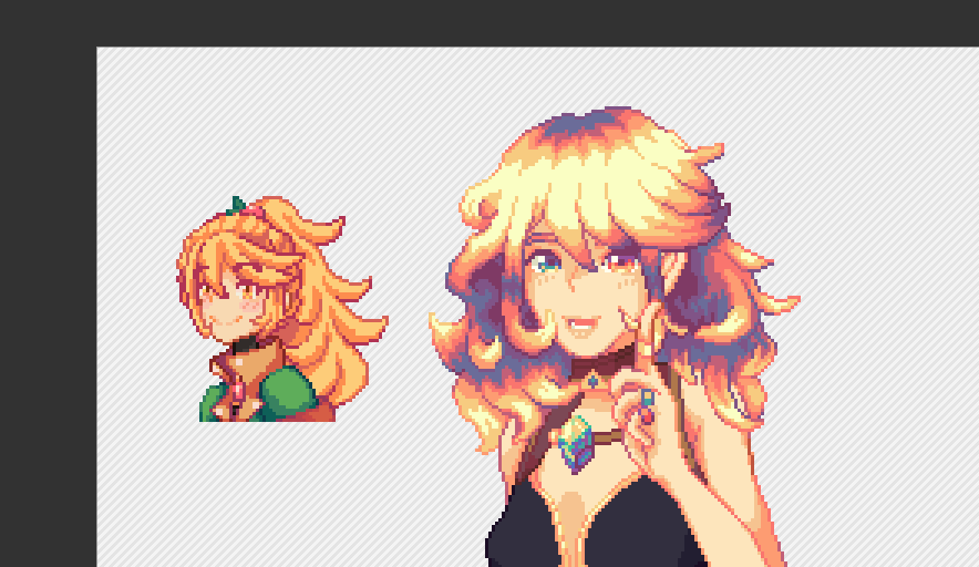 A small pixel art of a blonde girl with long ponytail in a rough pixel art style, next to a larger pixel art of a blonde girl that is using lots more hue shifting and detail.