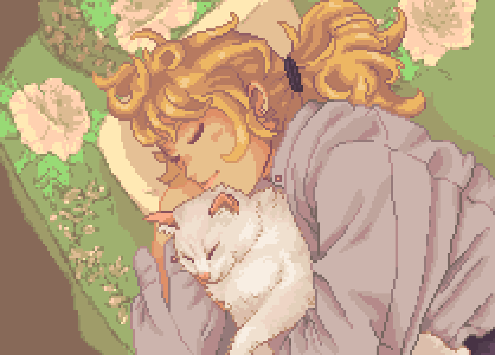 A pixel art image of girl with a ponytail sleeping with her arms around a content fluffy white and cream cat. They are on a horrible 80s floral couch.