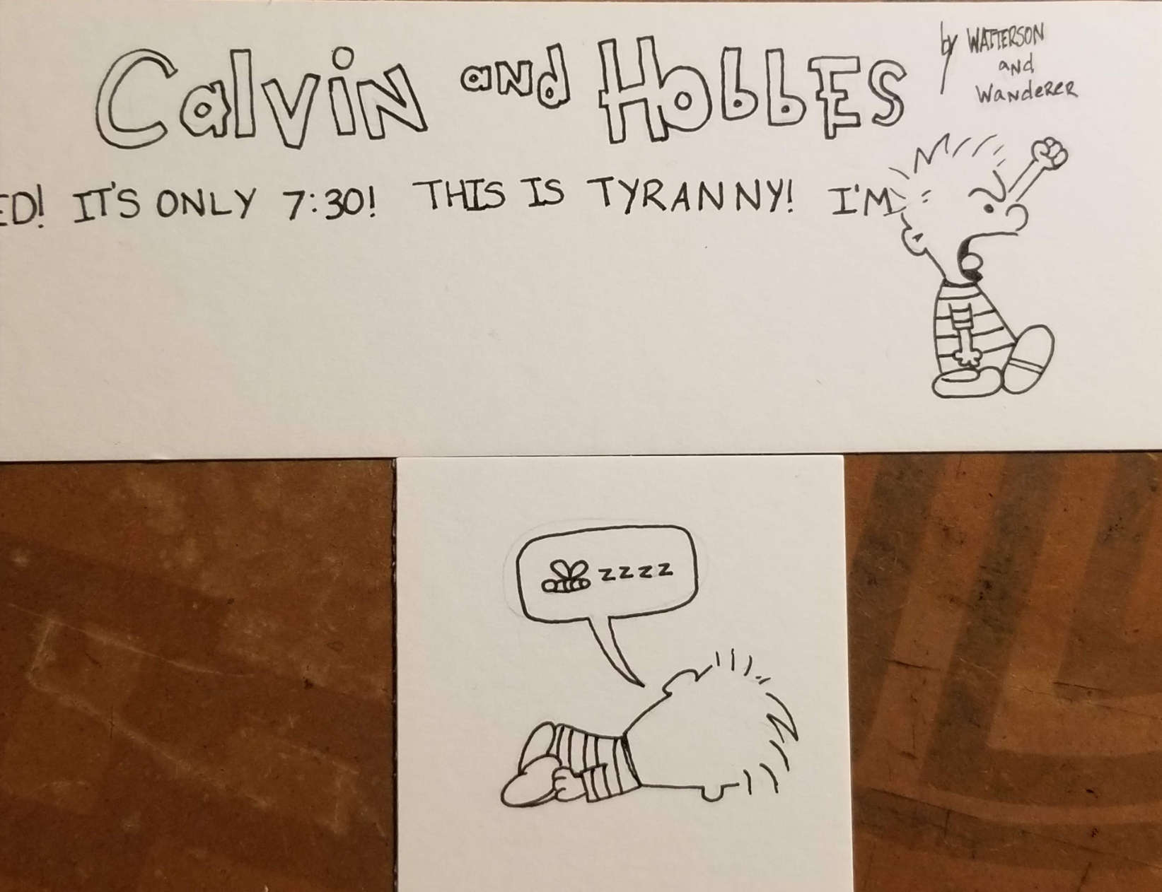 Iked 2-panel Calvin and Hobbes comic strip.