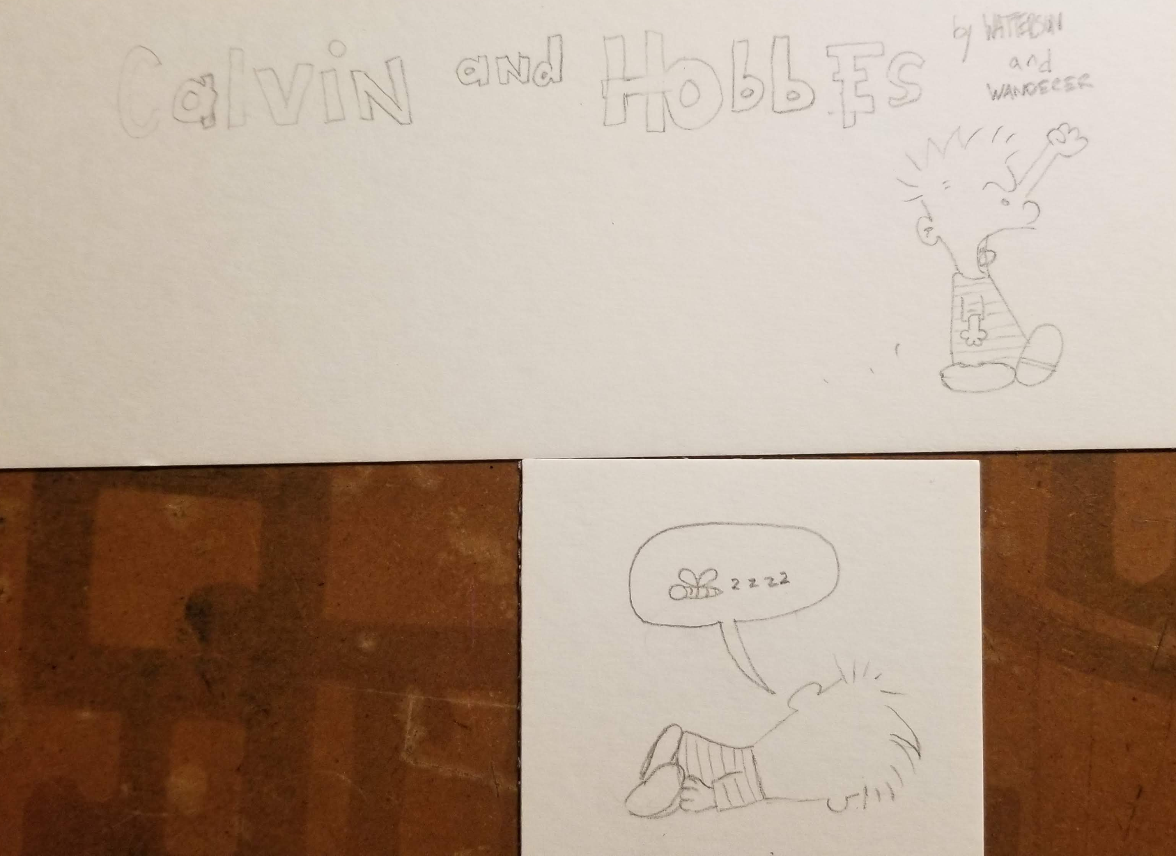 Lightly penciled 2-panel Calvin and Hobbes comic strip.