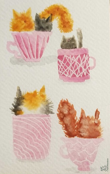 Watercolor of pink mugs in various shapes & patterns with cats of various shapes & patterns sitting in them. Some cats have a mug to themselves, some share with a friend.