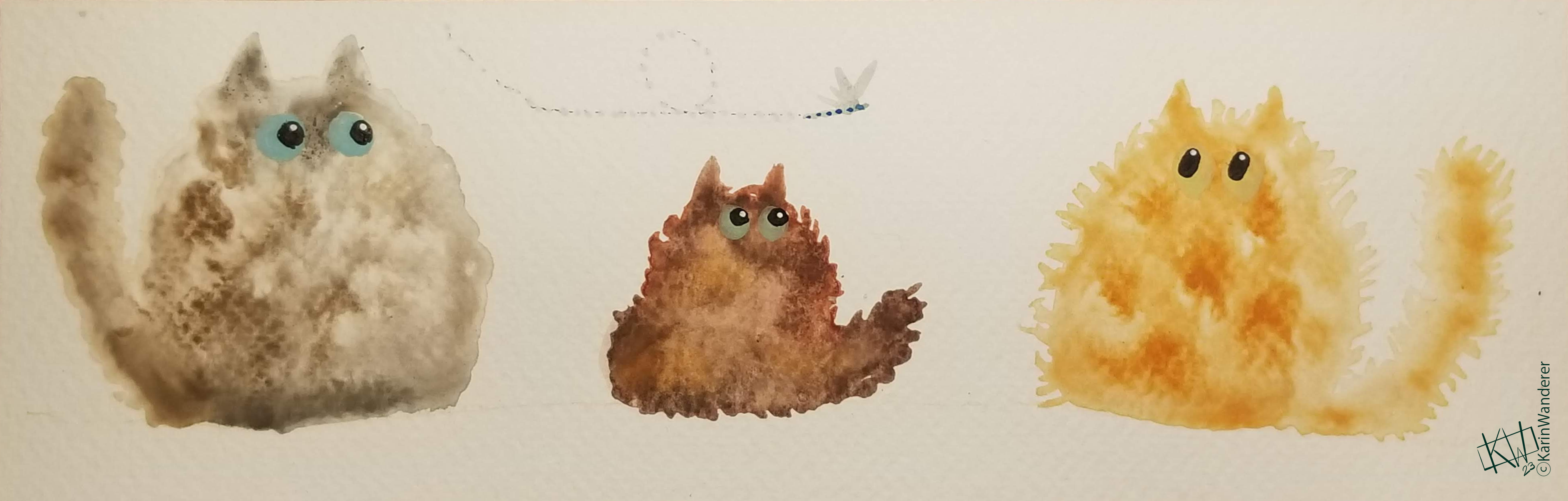 Three watercolor cats - grey, brown, & orange - watch a dragonfly overhead with wide eyes.