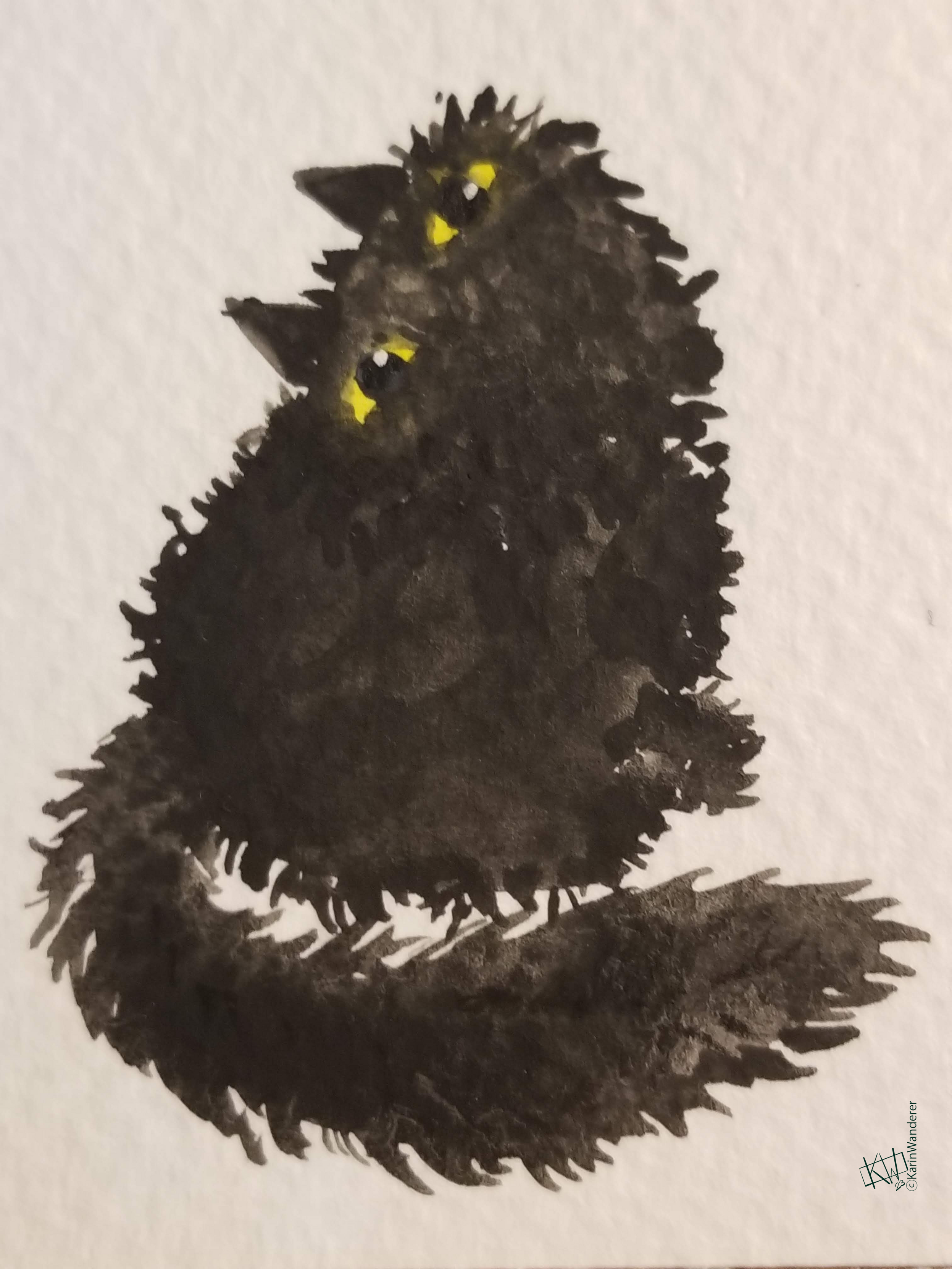Watercolor black cat sitting & looking up at you with yellow eyes. It is pretty much just a ball of fluff with a tail & yet you can tell it is also gleefully evil.