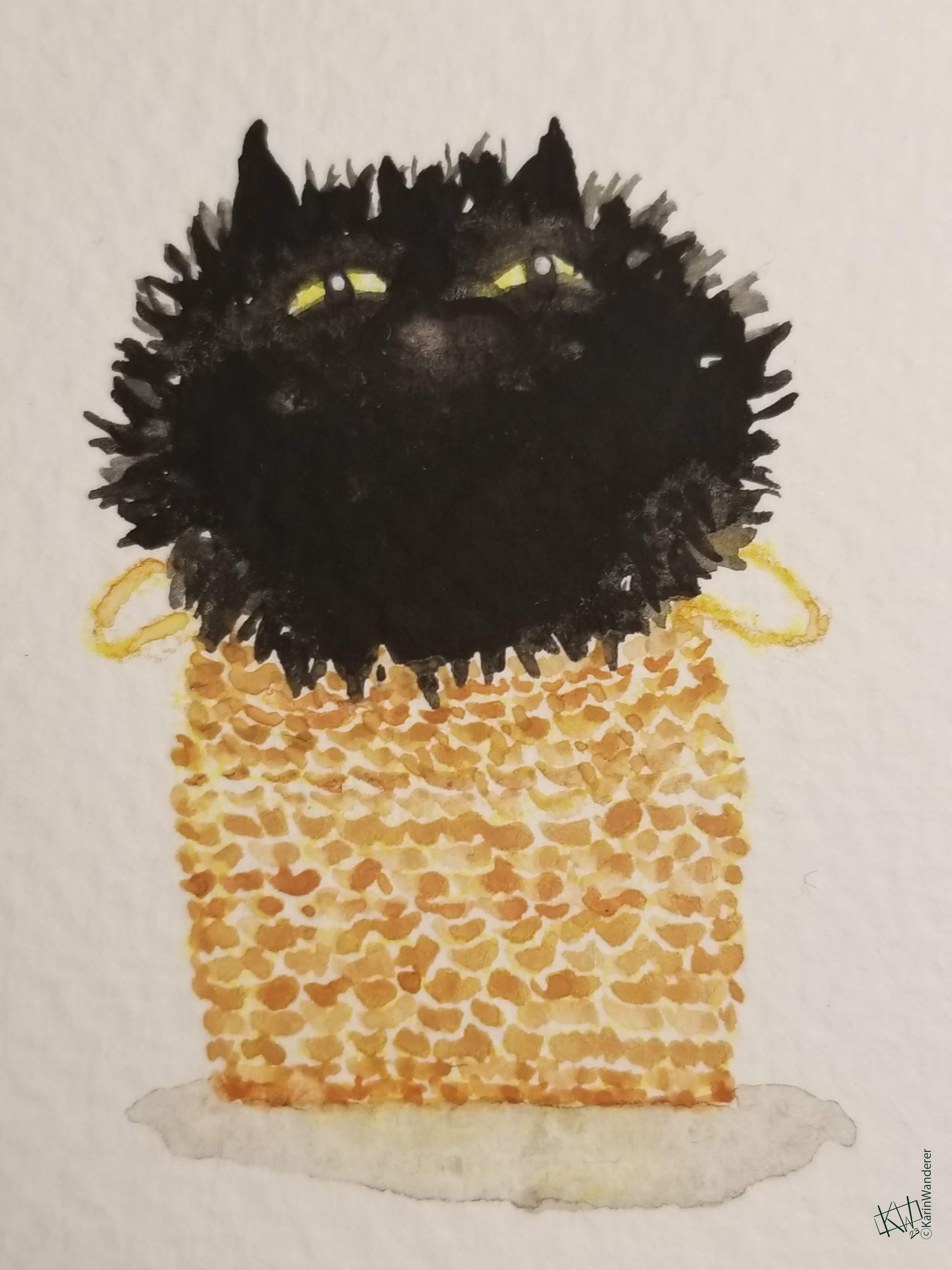 Watercolor of an incredibly fluffy black cat who has squished themselves into a basket, which pushes all the fluff up around their face.