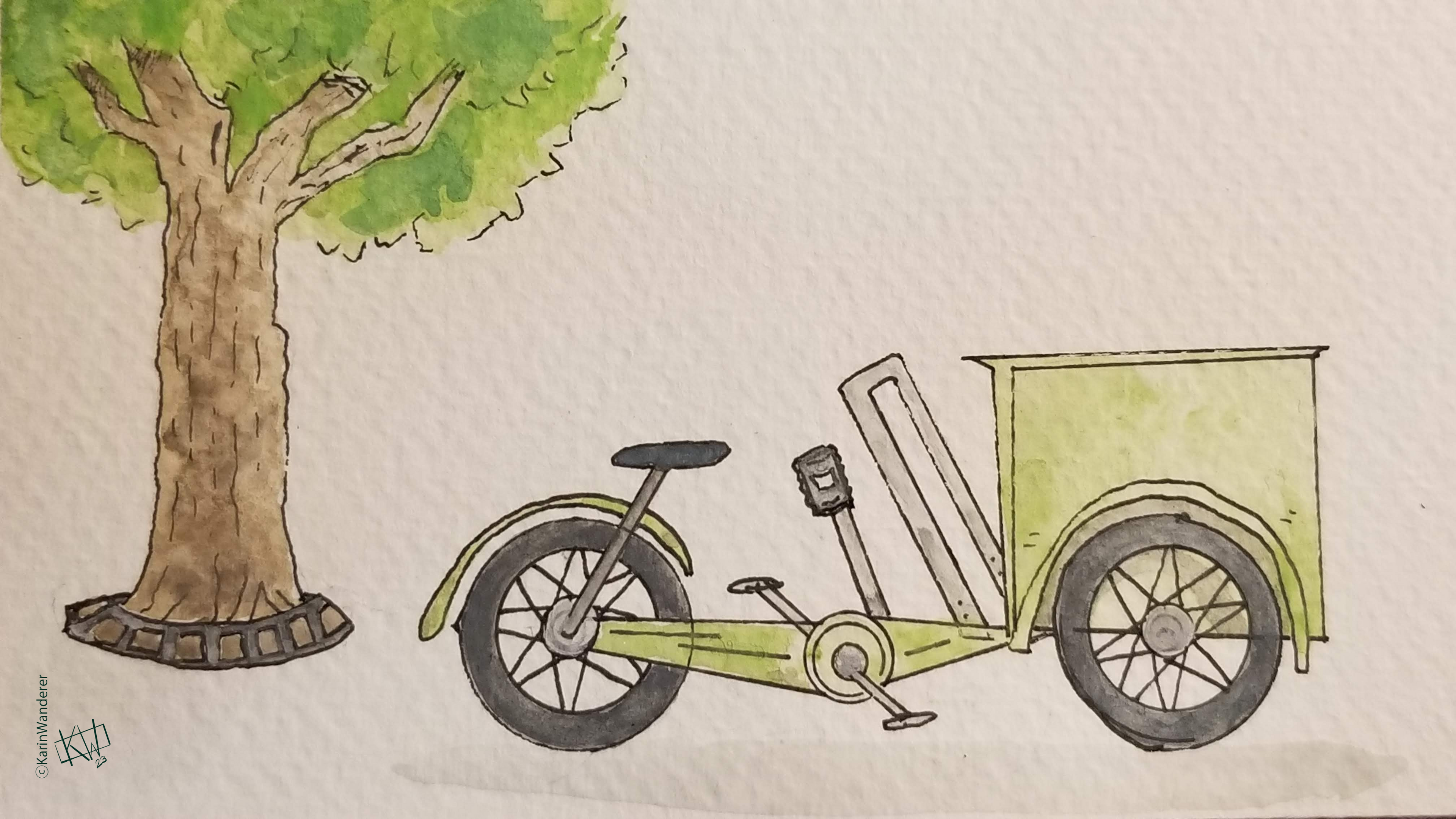 Watercolor & ink of a tree surrounded by a grate. Next to it is a green motorized tricycle with a compartment on the front for a child to ride in.