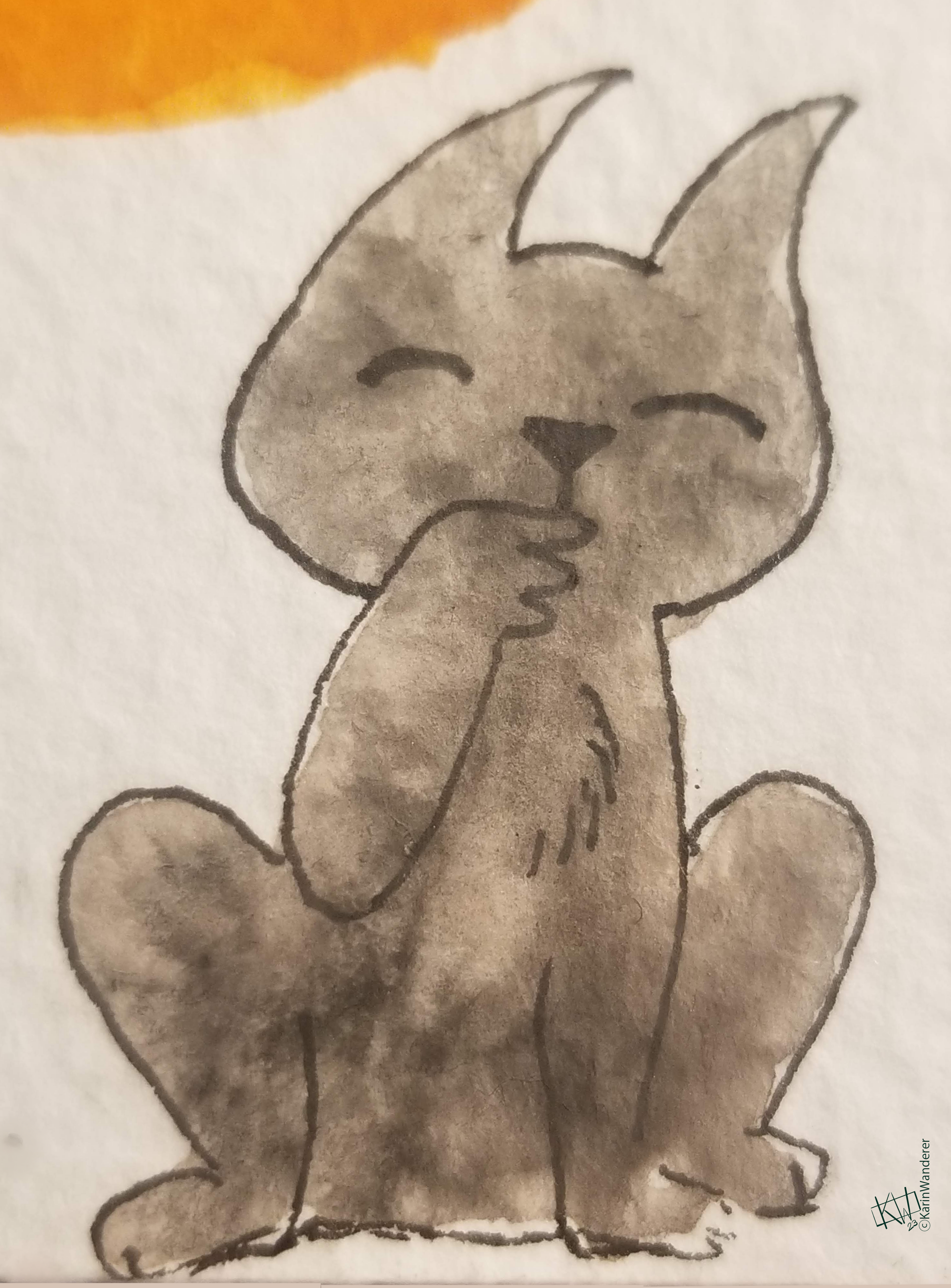 Watercolor of a black cat sitting happily.