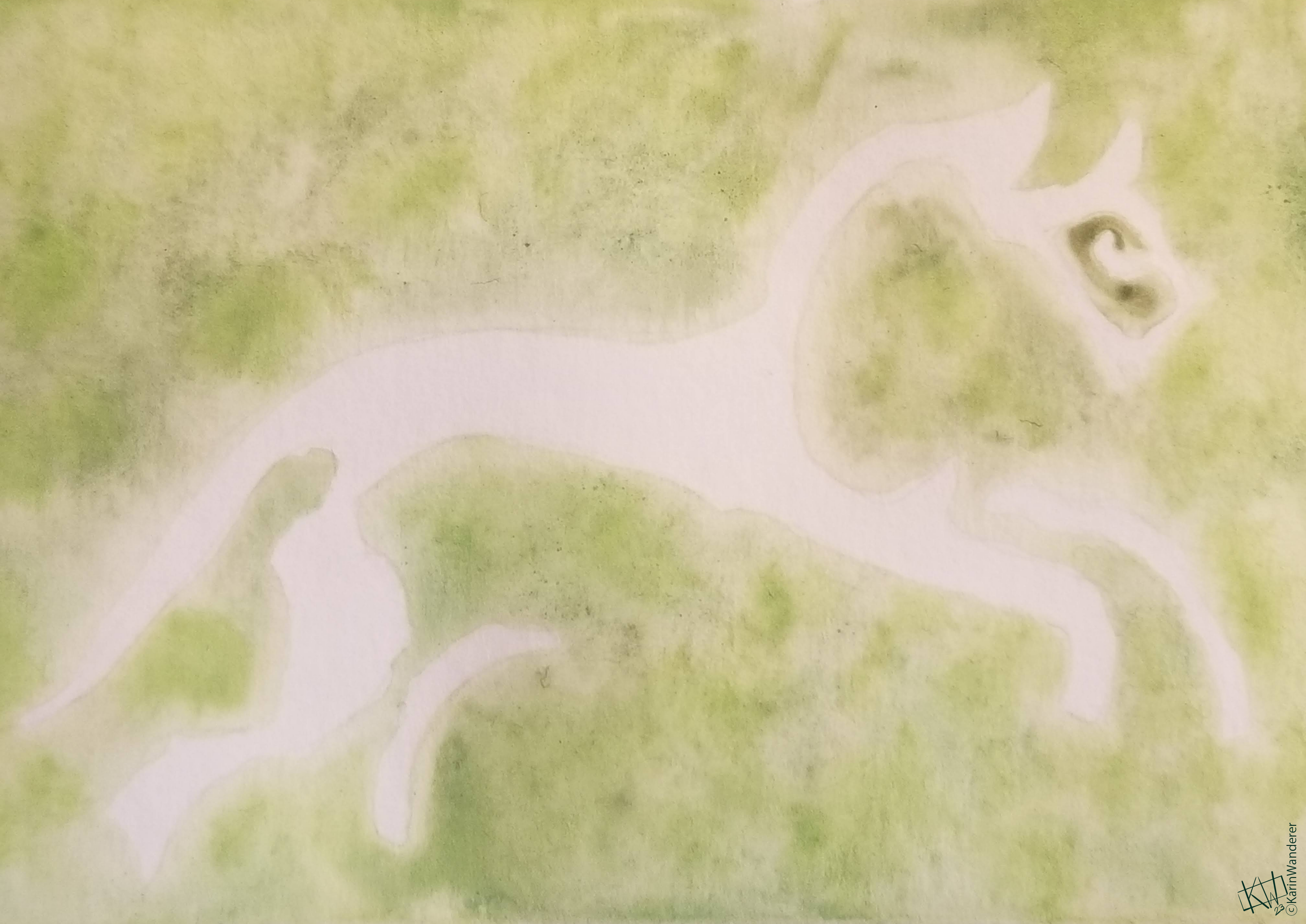 Watercolor of The White Horse of Uffington, an enormous chalk horse carved into the side of a hill.