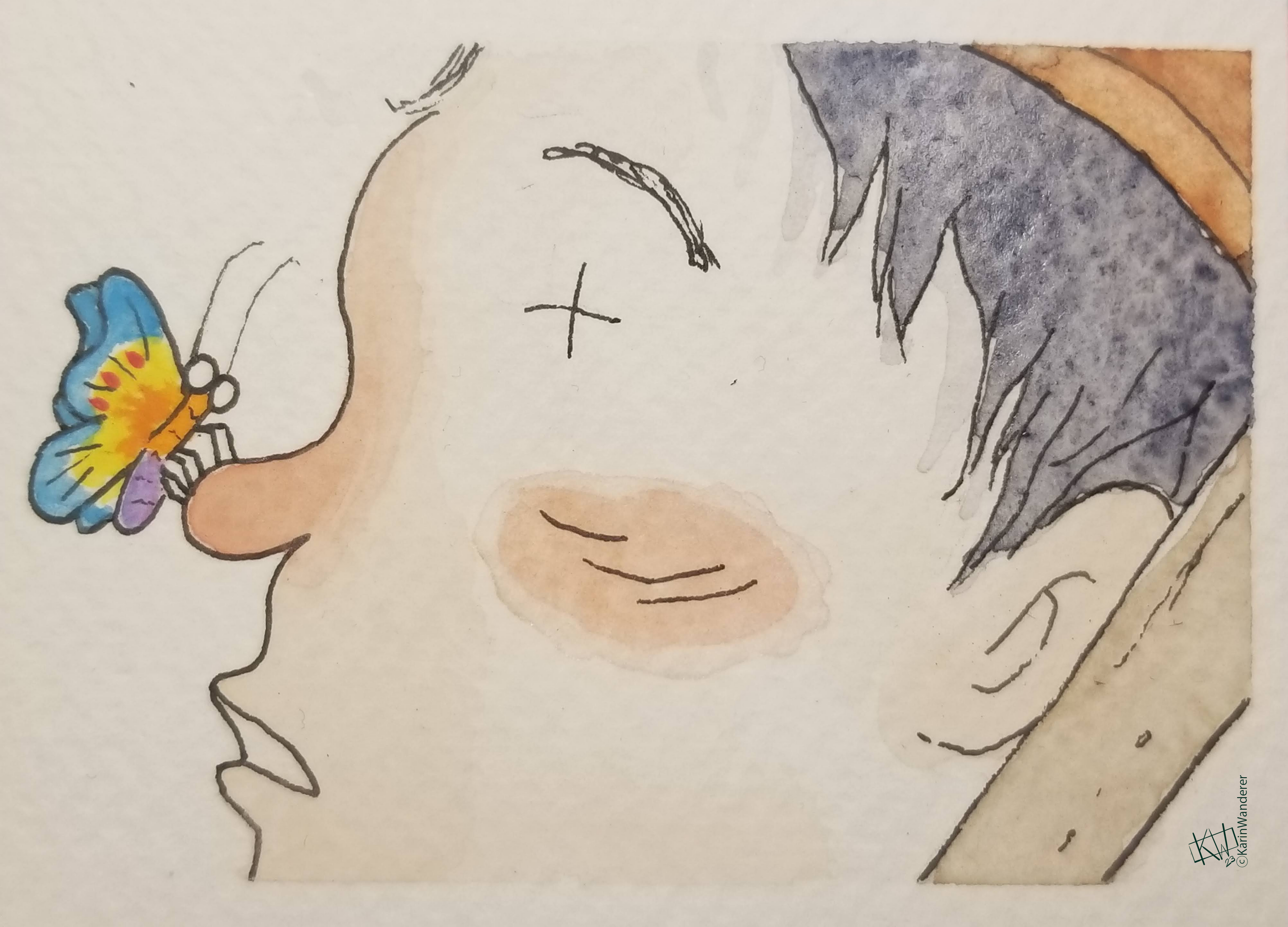 Watercolor of a sunburnt man with an orange-yellow-blue butterfly perched on his nose.