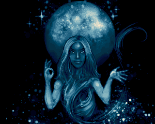 pixel art piece with the title "cosmic spirit" shows a monochromatic image in blue color range showing a woman faced cosmic spirit in front of a planet and sme stars.