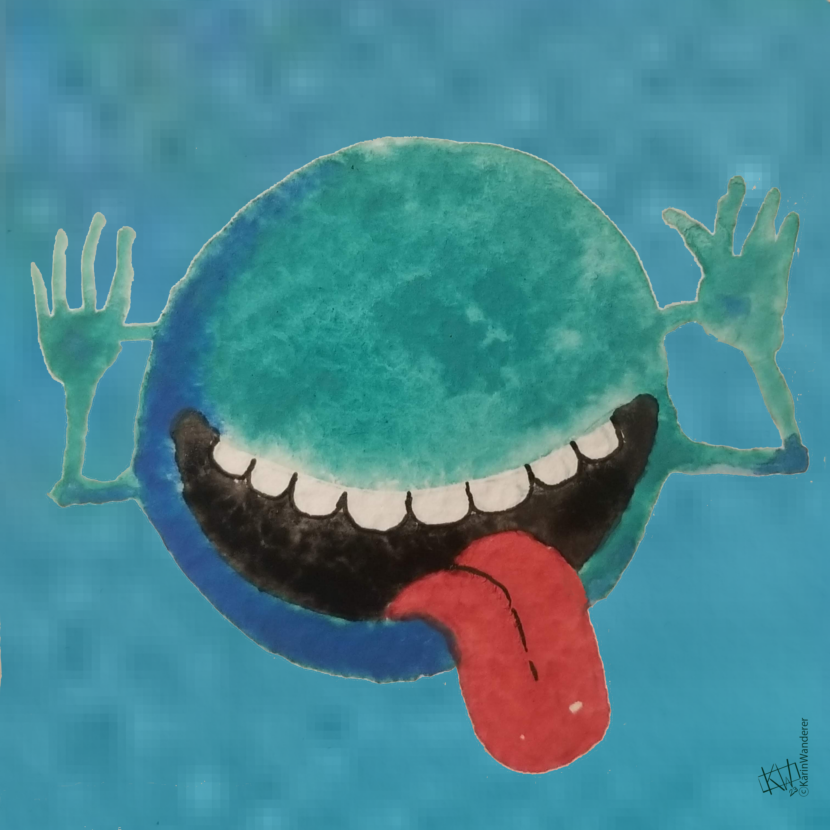 Watercolor green blue marble with a toothy grins sticks its tongue out & waggles its fingers at the viewer.