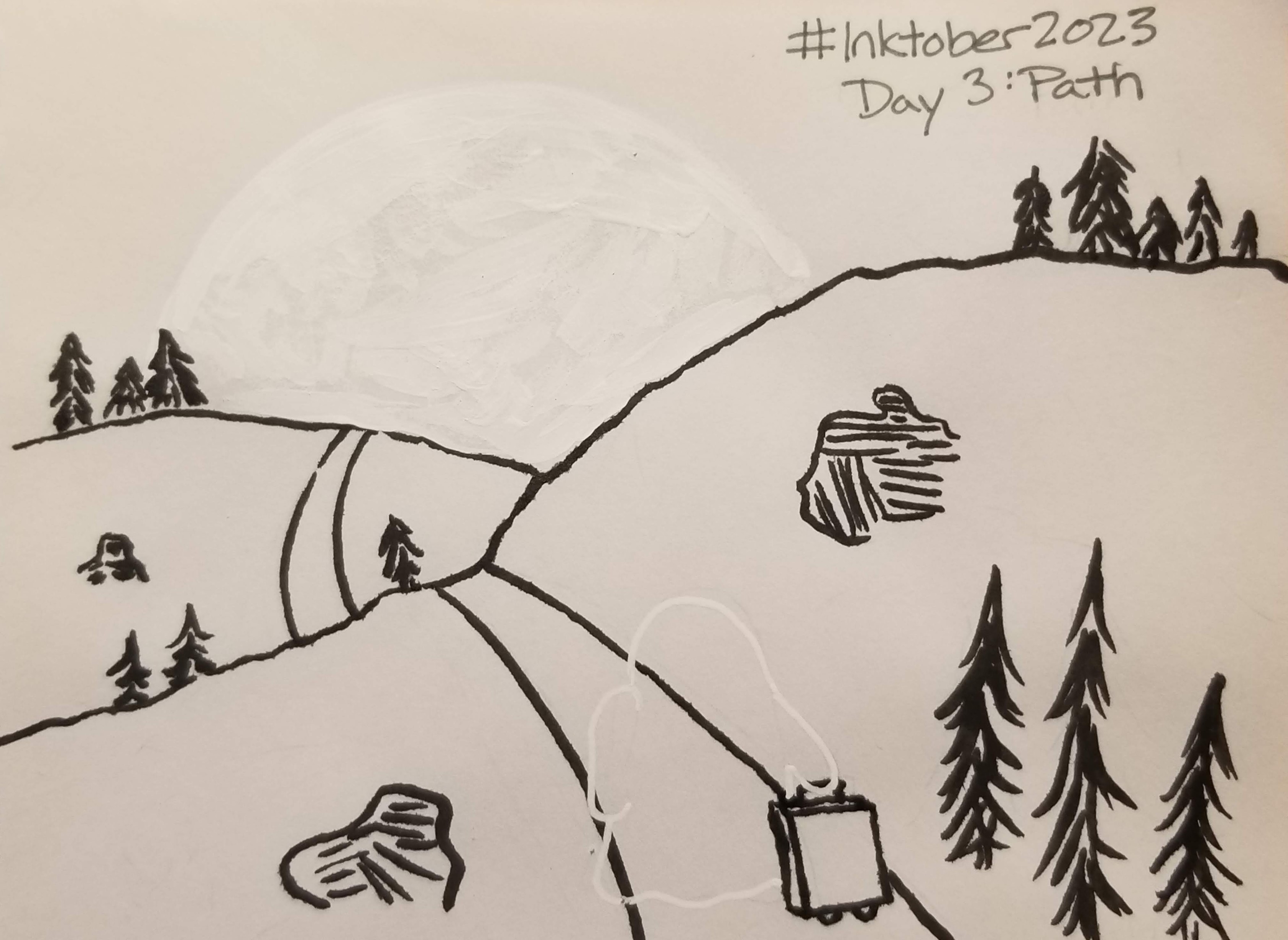 Ink drawing of a path winding over hills dotted with boulders & evergreen trees. A ghost is pulling a suitcase along the path, & the moon is setting in the distance.