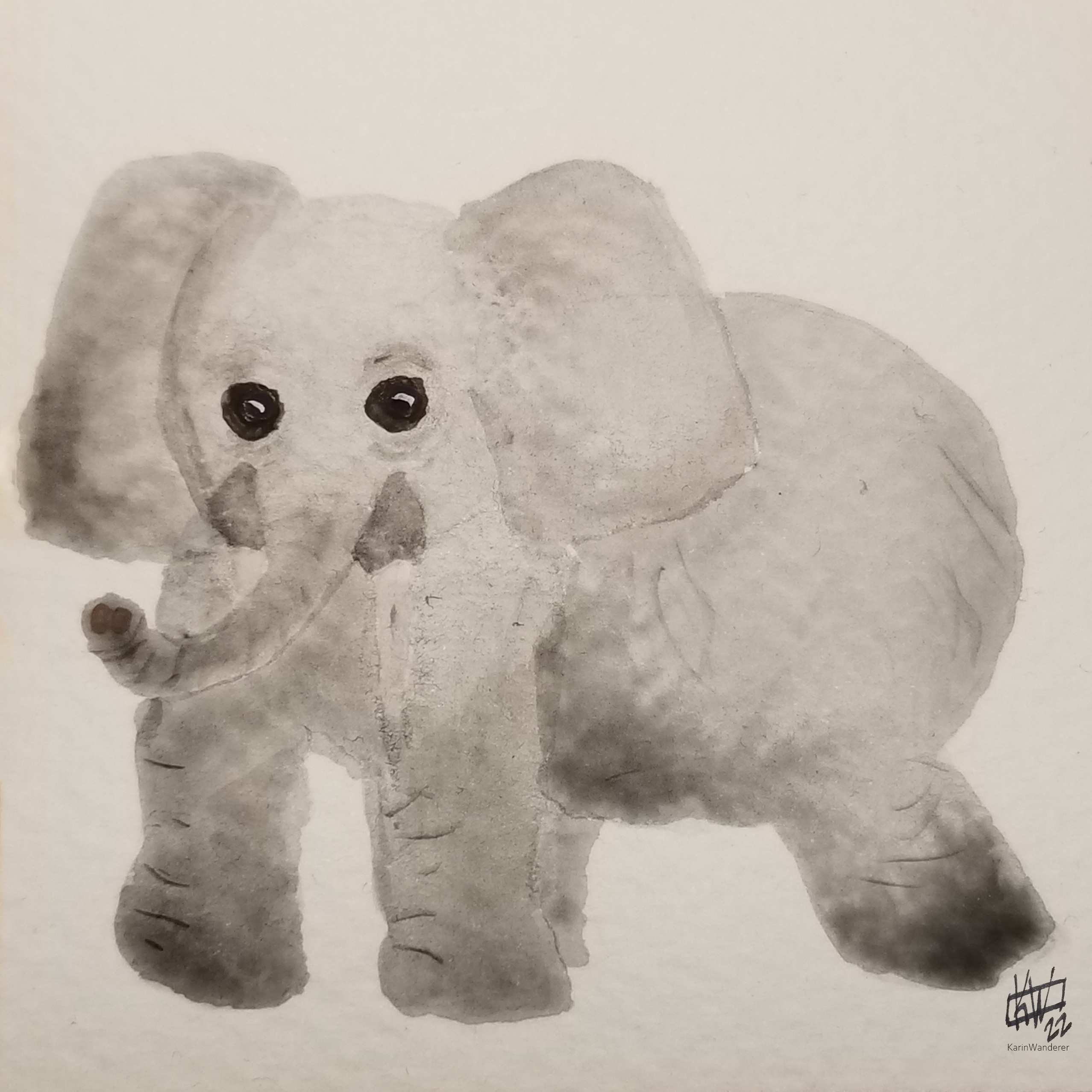 Watercolor forest elephant waving Hello with his trunk.