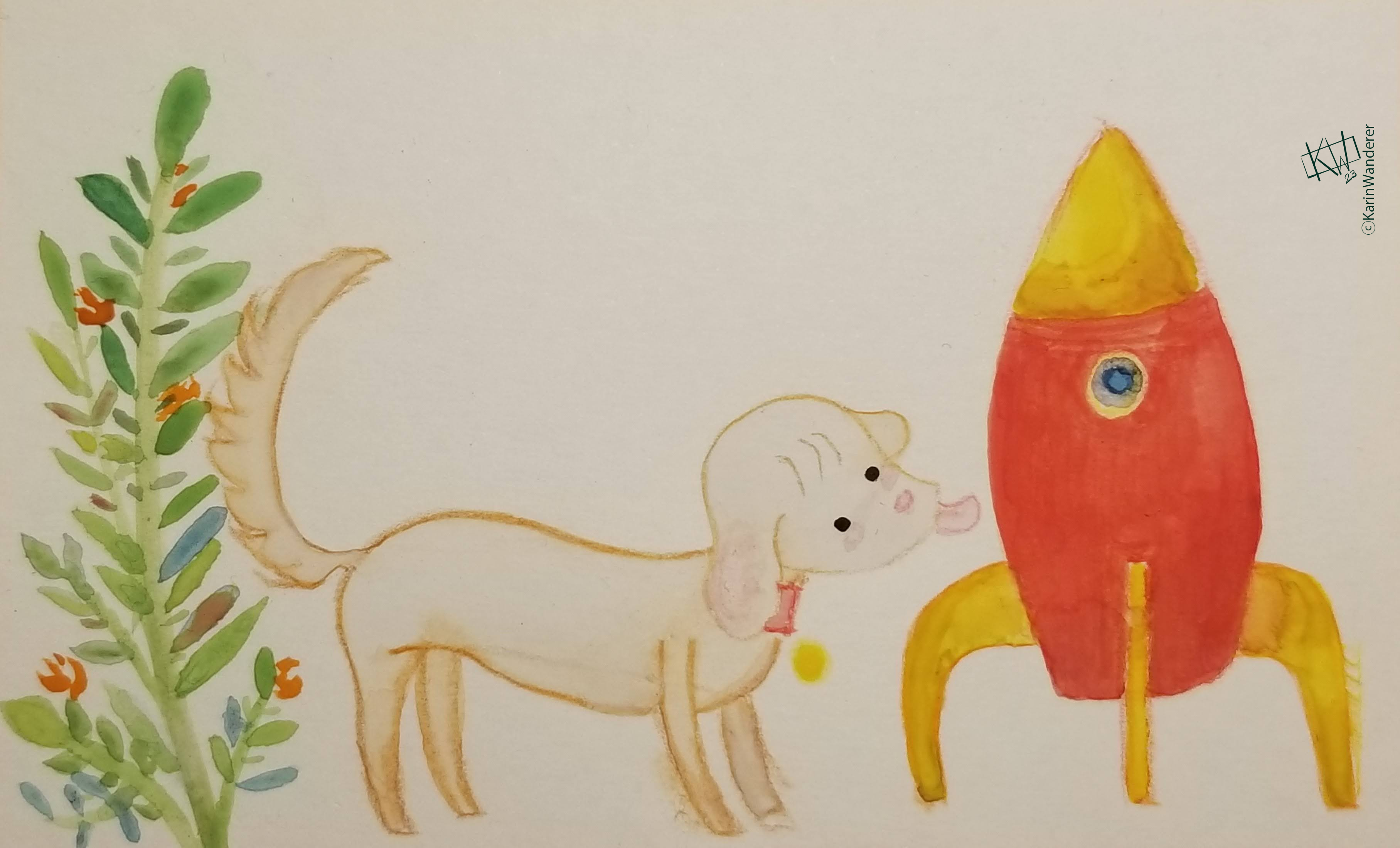 Watercolor of a cute white puppy about to lick a red & yellow rocket ship. A large plant is growing nearby with lots of foliage & orange flowers.