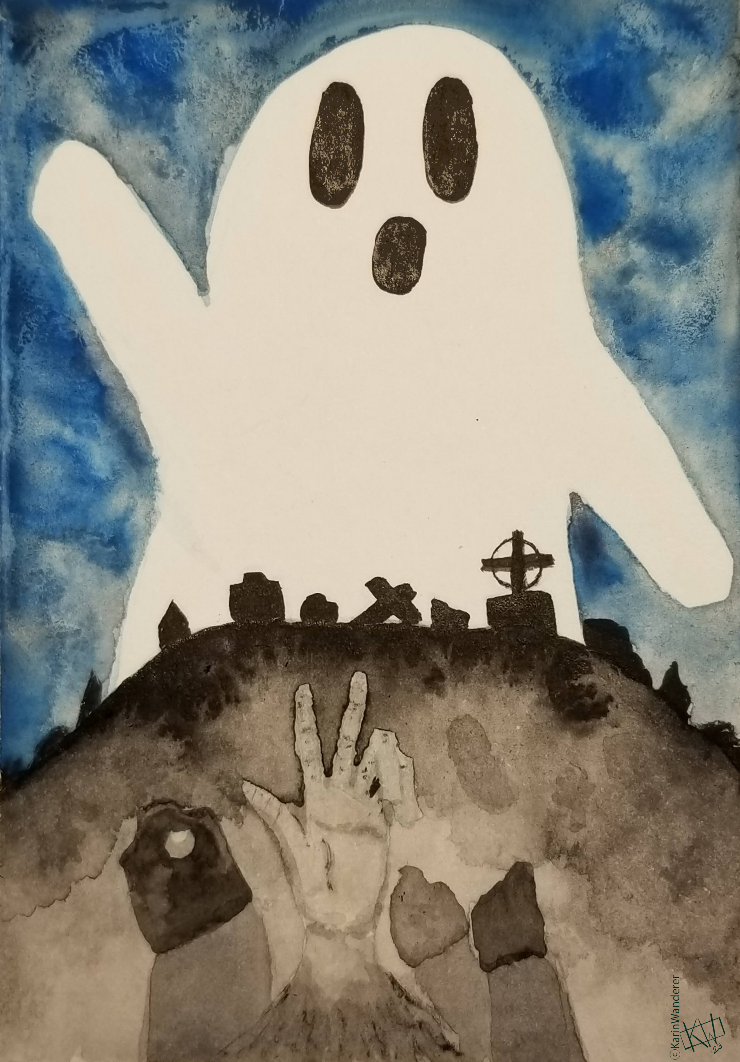 Ink painting; Milly the Ghost looms over a graveyard at night. Graves are silhouetted against her, & hands are bursting up from the ground as the dead rise.