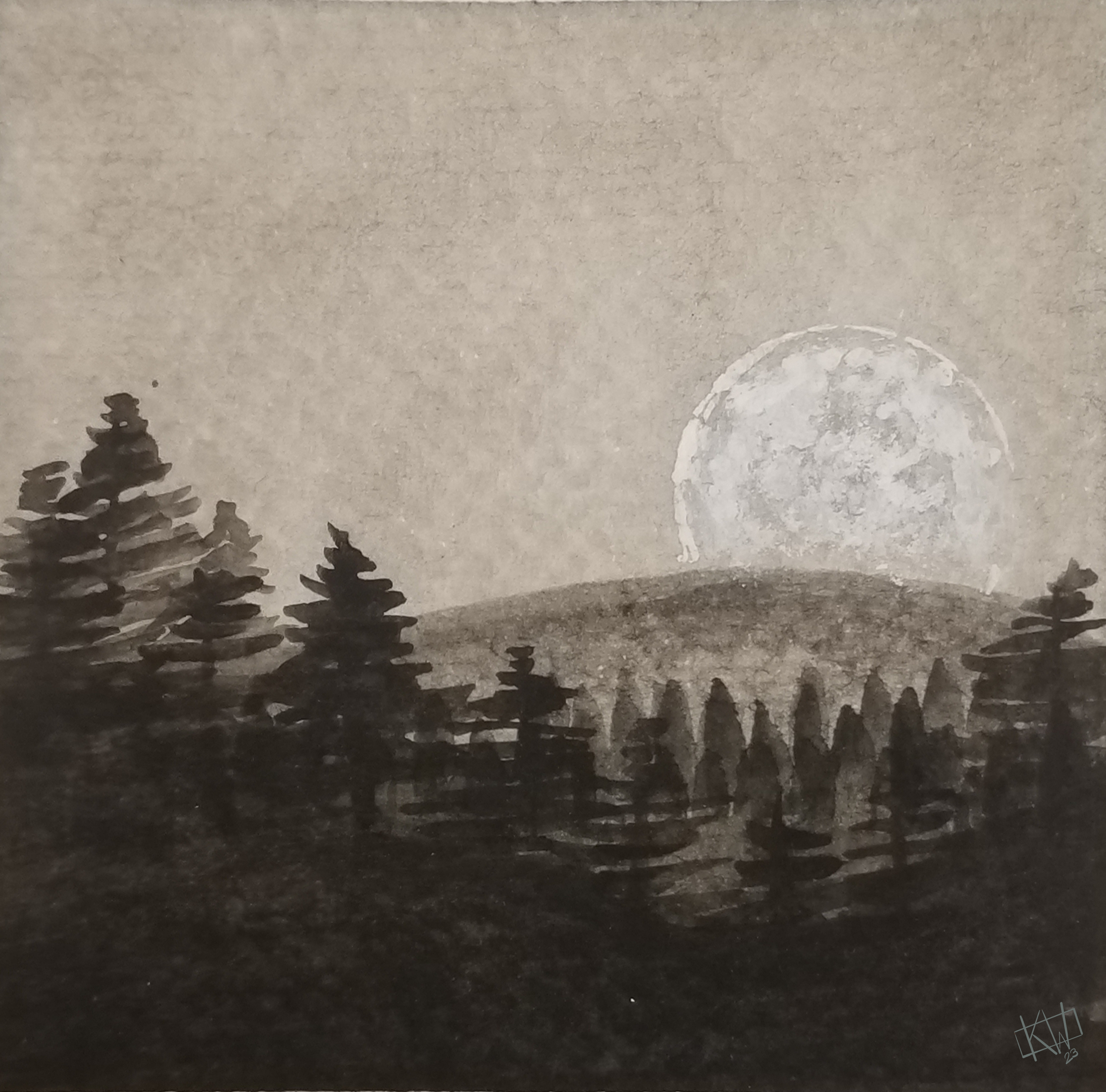 Ink painting of a pine forest with the moon setting behind distant hills.