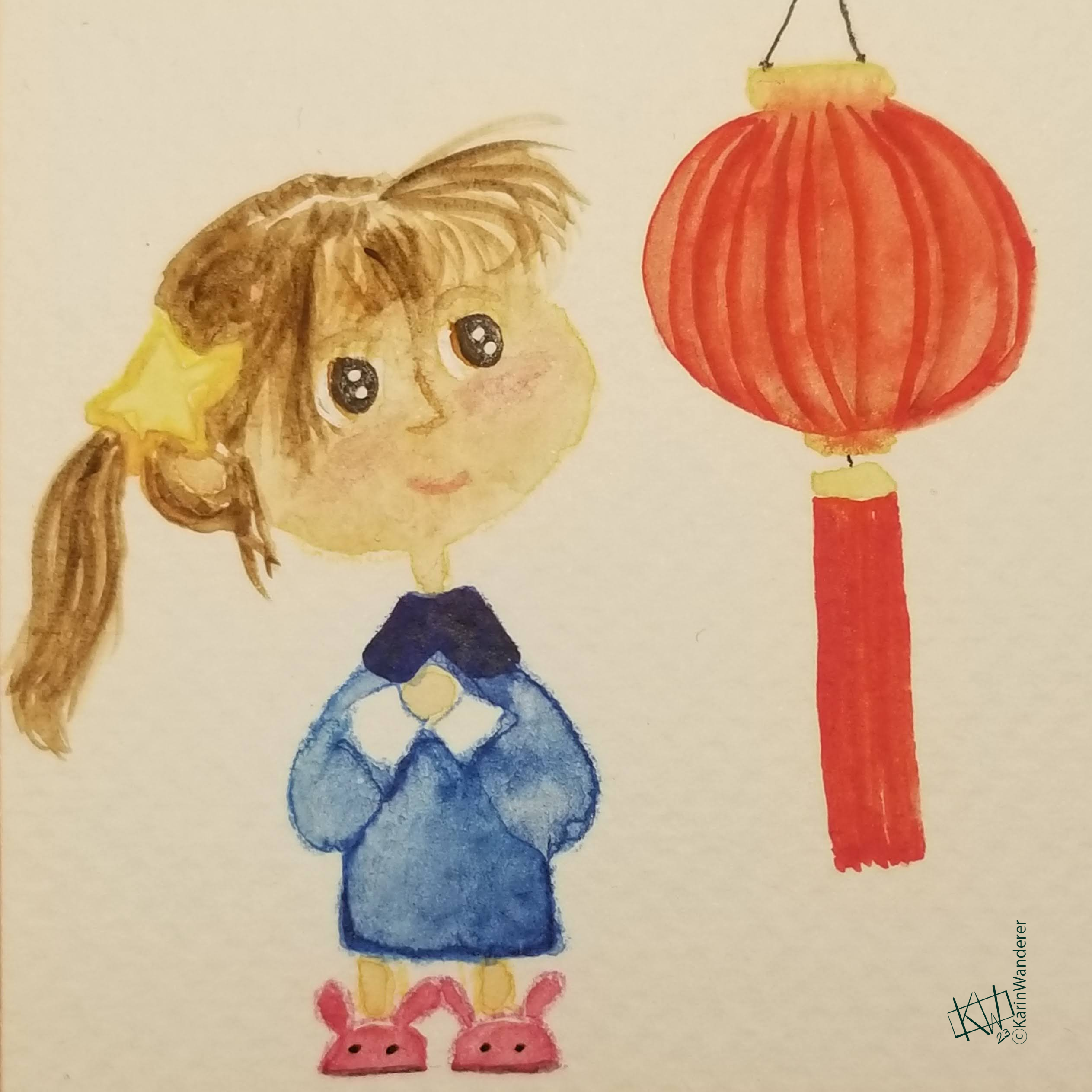 Watercolor little girl in a blue dress & bunny slippers smiling as she looks at a red lantern.