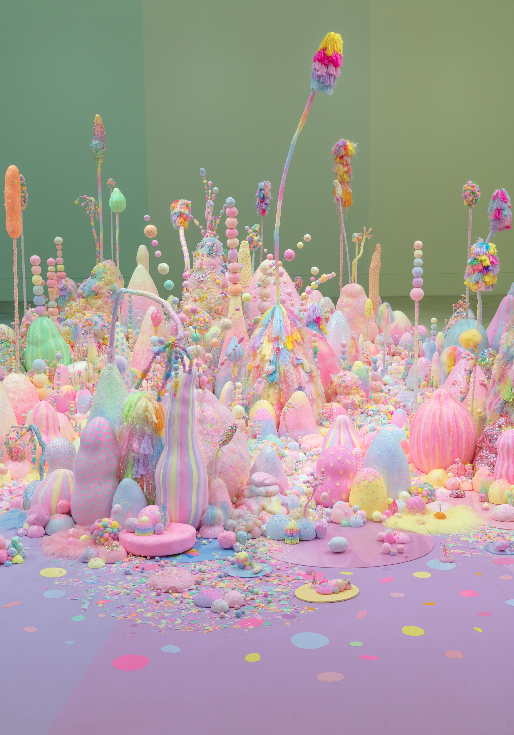 An installation of pastel-colored candies