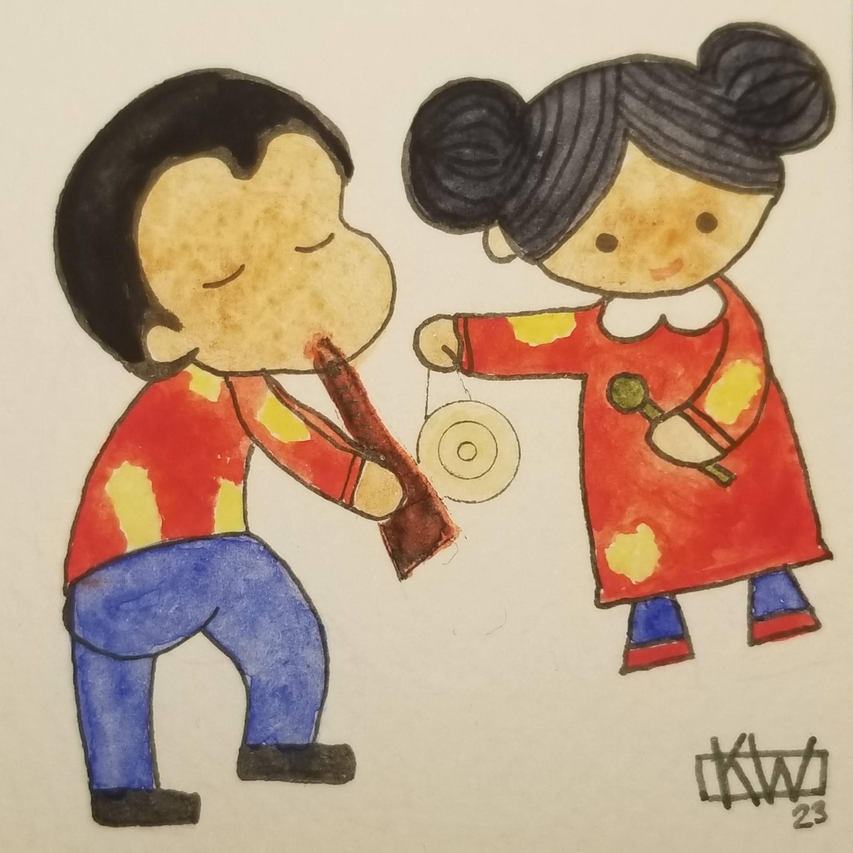 2 Watercolor children in bright red clothing play a flute & gong while dancing.