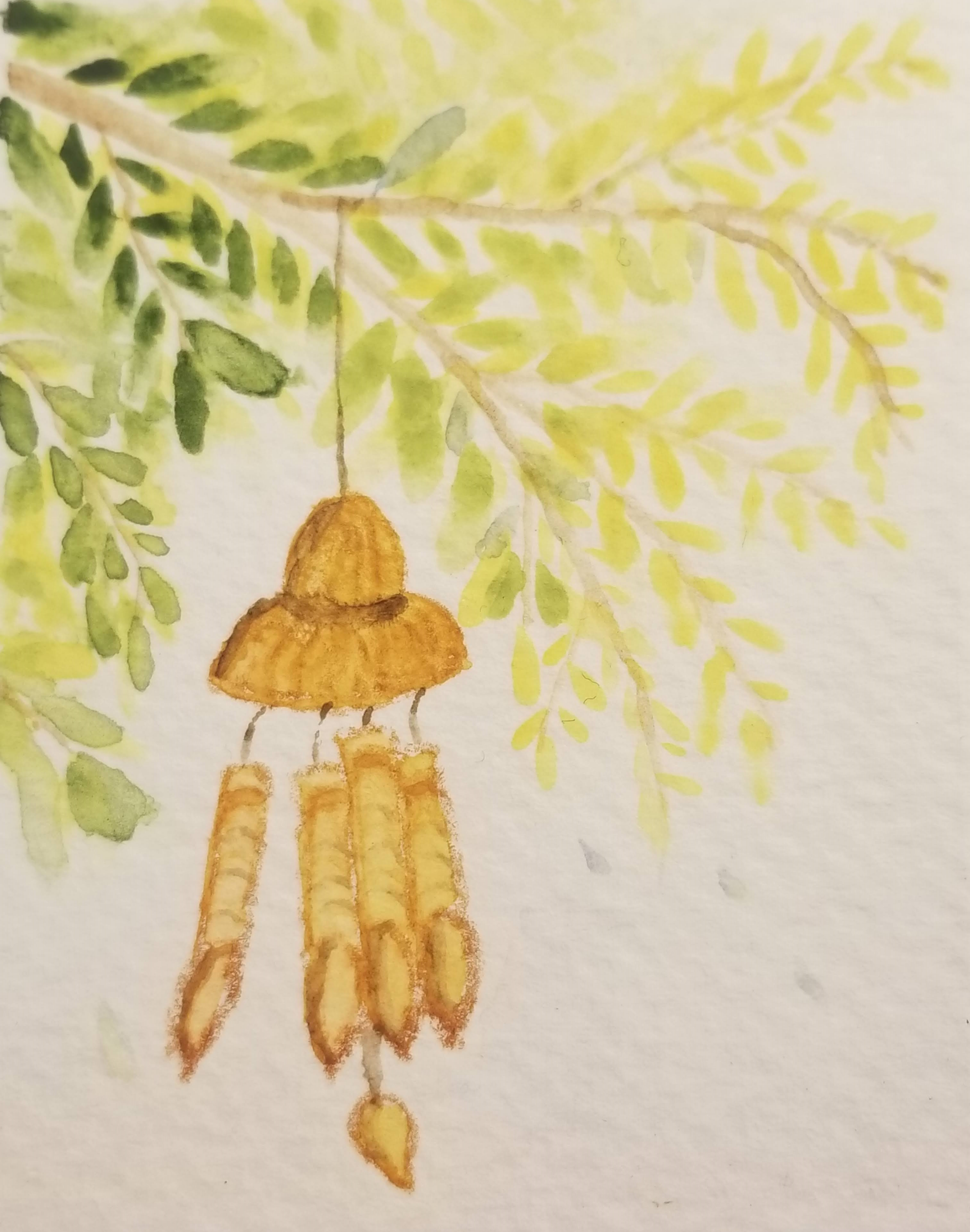 Watercolor bamboo wind chime hanging from a branch on a tree with green & gold leaves.
