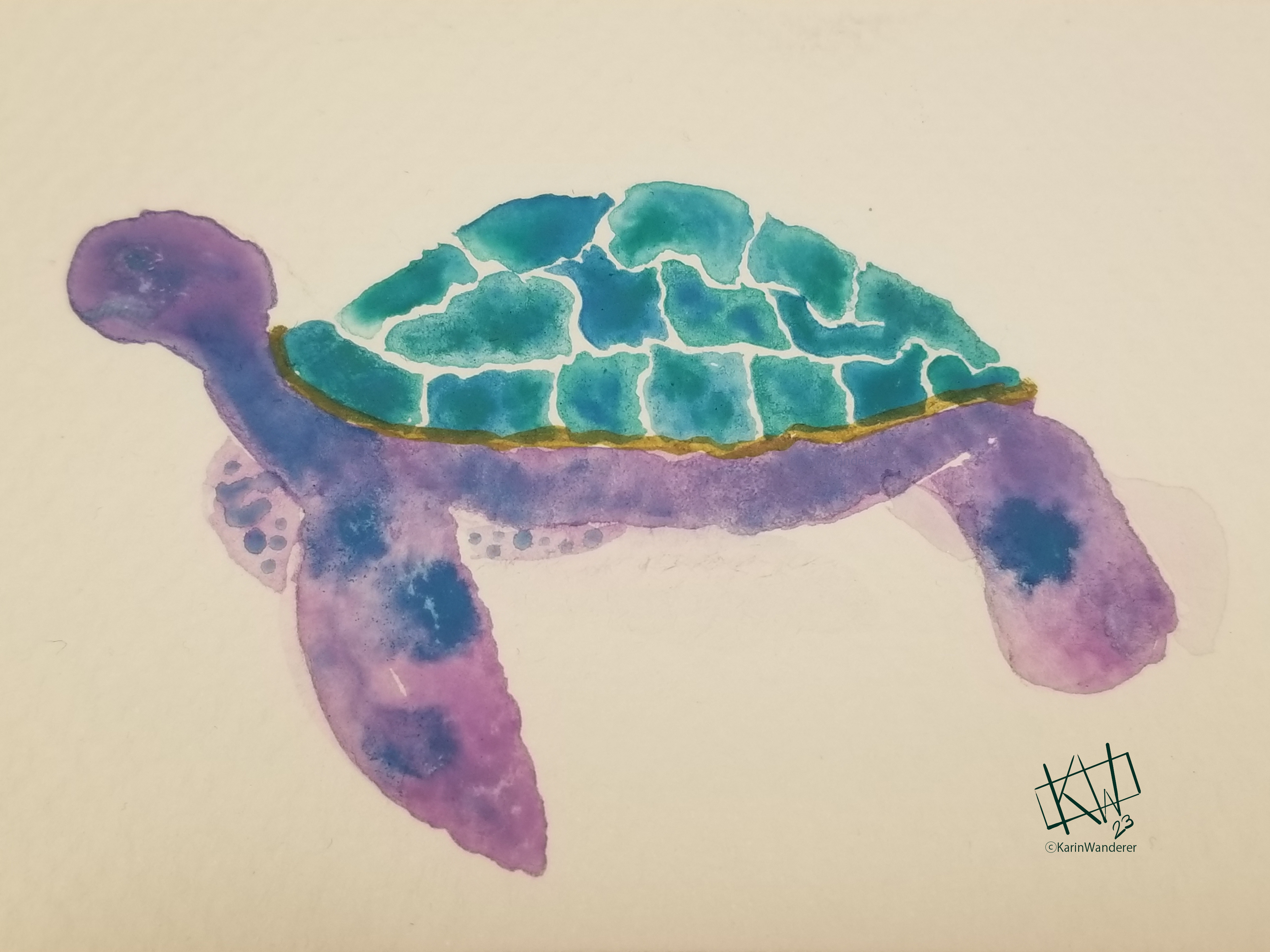 Watercolor purple sea turtle whose blue-green shell has a bronze edge.