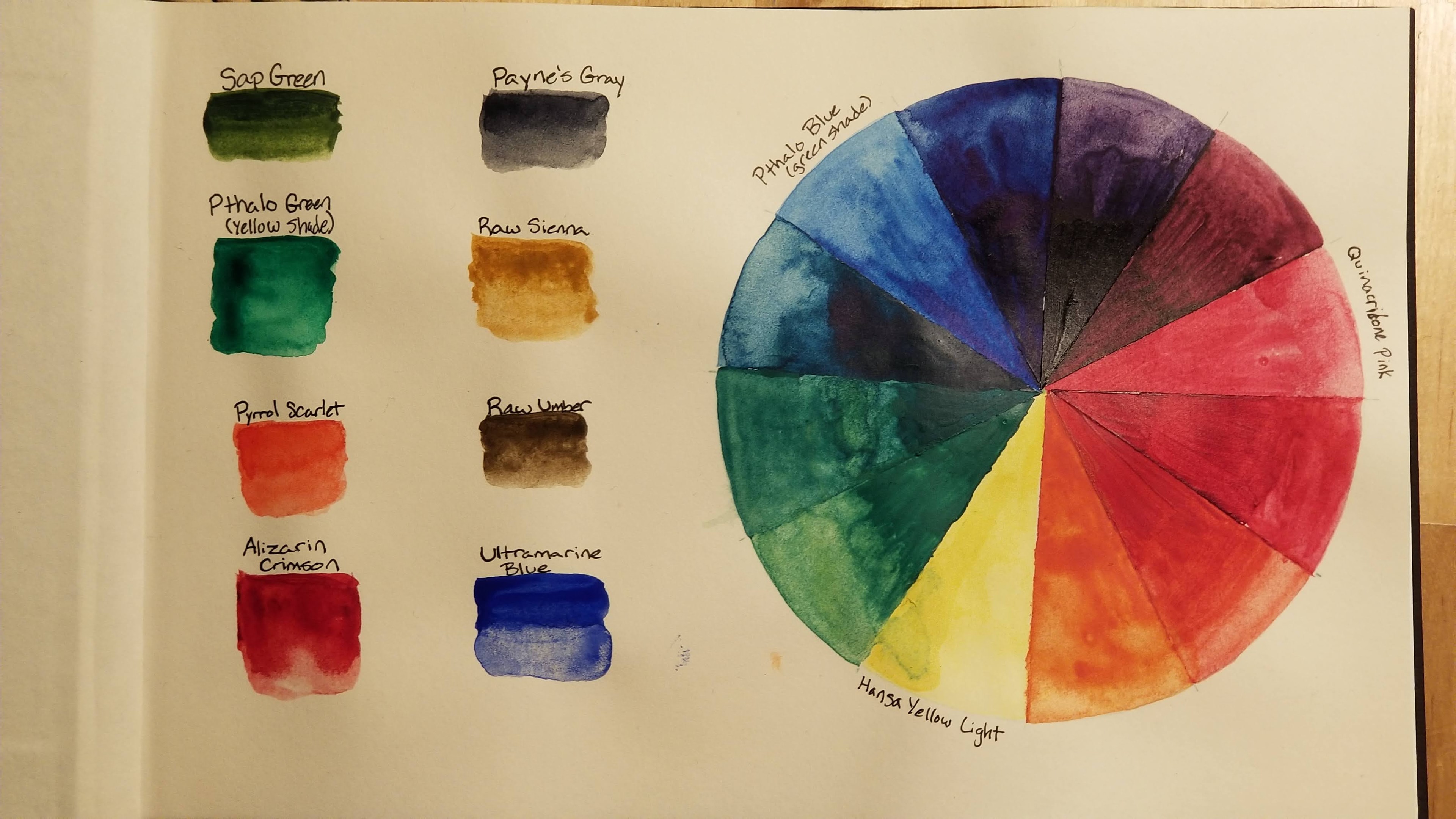  Watercolor color wheel using Pthalo Blue (green shade), Quinacridone Pink, & Hansa Yellow Light. Also watercolor swatches in sap & pthalo green, raw sienna & umber, Payne's gray, ultramarine blue, pyrrol scarlet, & alizarin crimson.