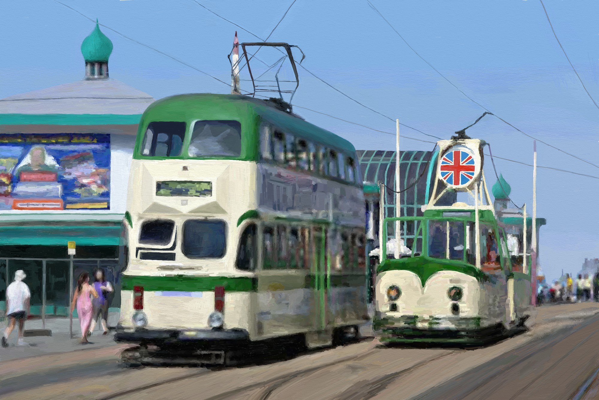 Two old-fashioned trams passing by each other on adjacent track, viewed from the ftont/rear, delendi g on the trams.  The tram on the right is an open-top singe-decker; the tram on the left is a closed-top double-decker.  Both trams are painted with a green/cream colour-schene, and are of the type associated with British seaside towns.  Unusually for British seaside town, the sky is completely cloudless.

Beyond the trams is a pavillion-type building and a number of tourists(?) can be seen walking alongside the tram tracks. 